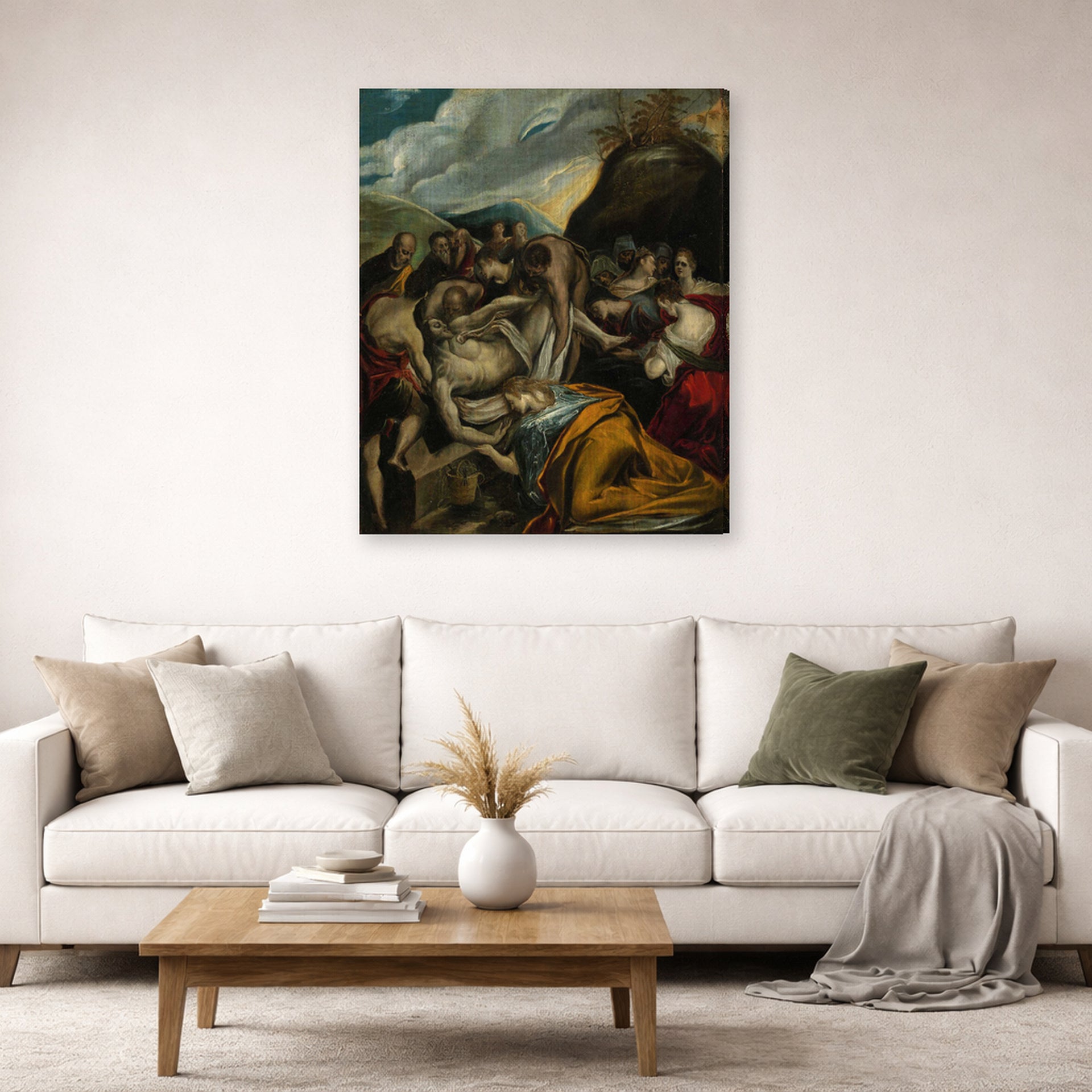 Gallery-wrapped canvas print of El Greco's The Entombment of Christ displayed on a wall in a living room