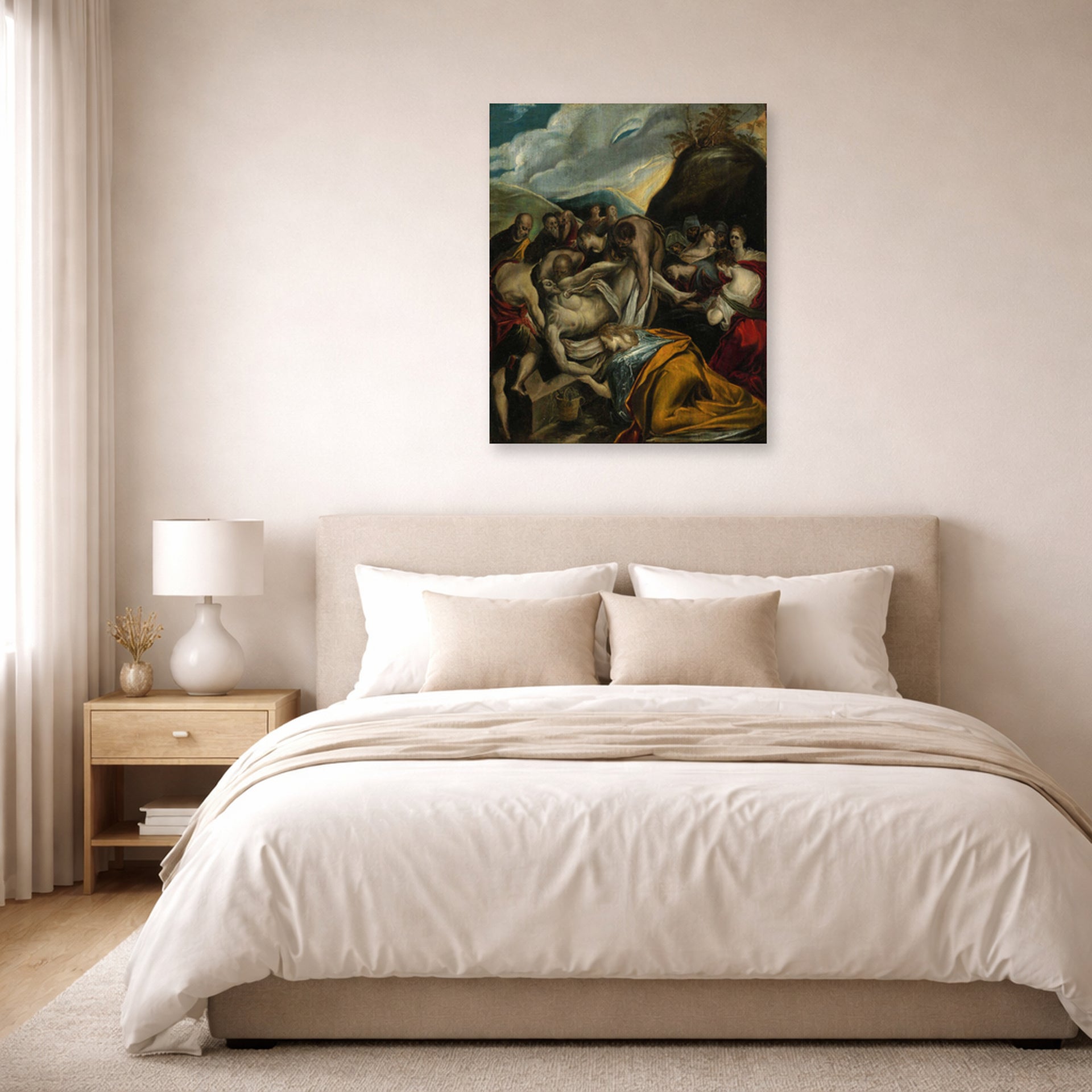 Unframed poster print of El Greco's The Entombment of Christ displayed on a wall in a bedroom