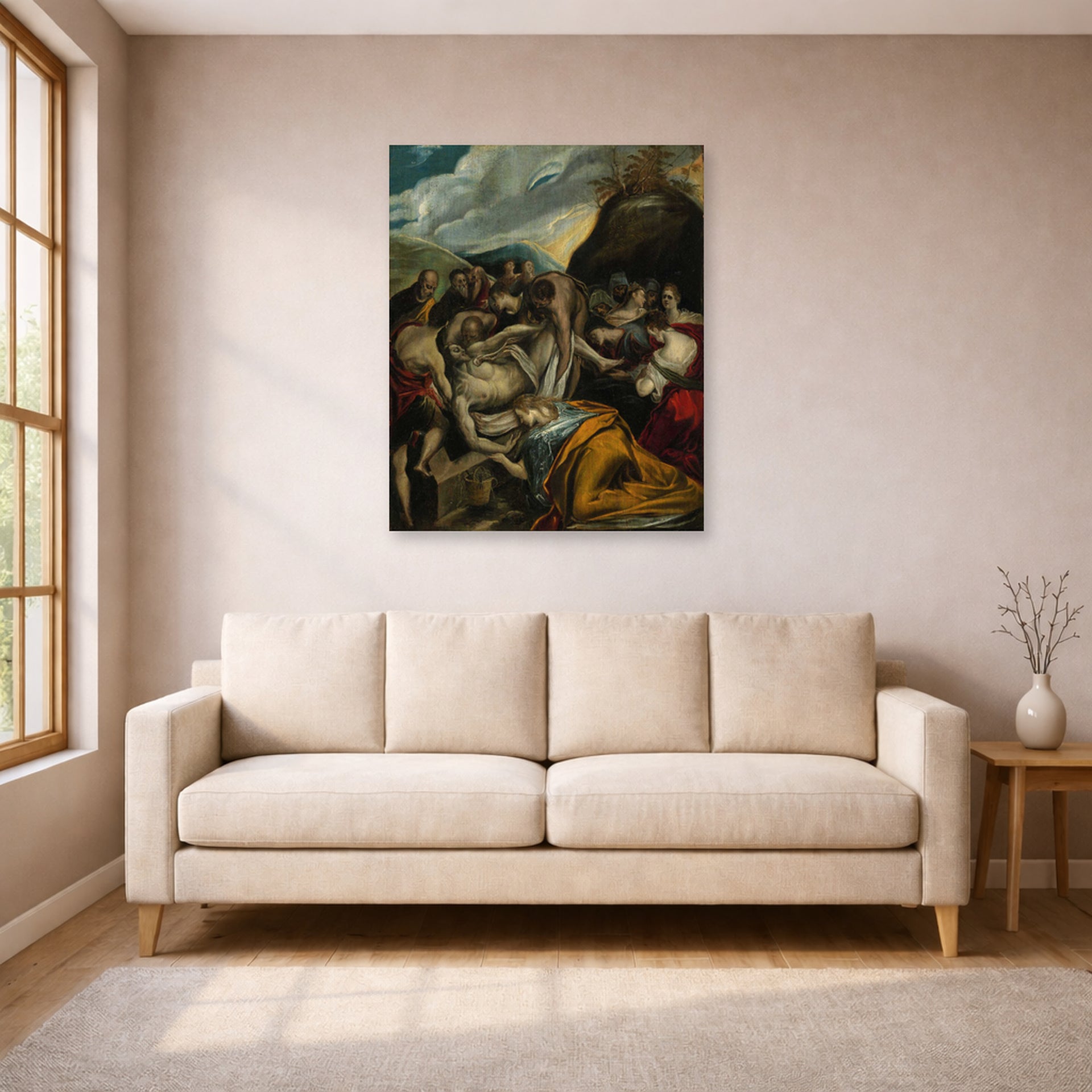 Unframed poster print of El Greco's The Entombment of Christ displayed on a wall in a living room