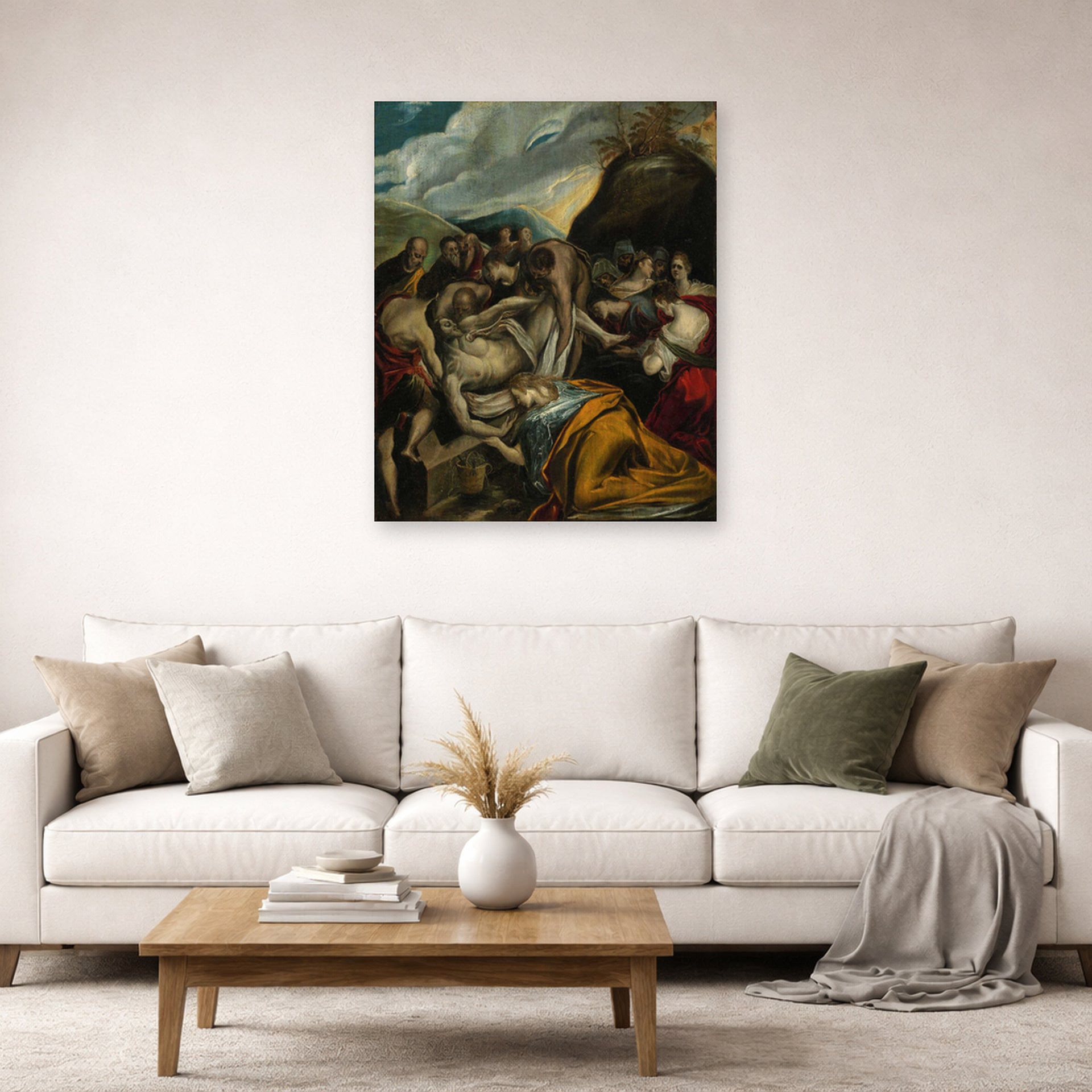 Unframed poster print of El Greco's The Entombment of Christ displayed on a wall in a living room