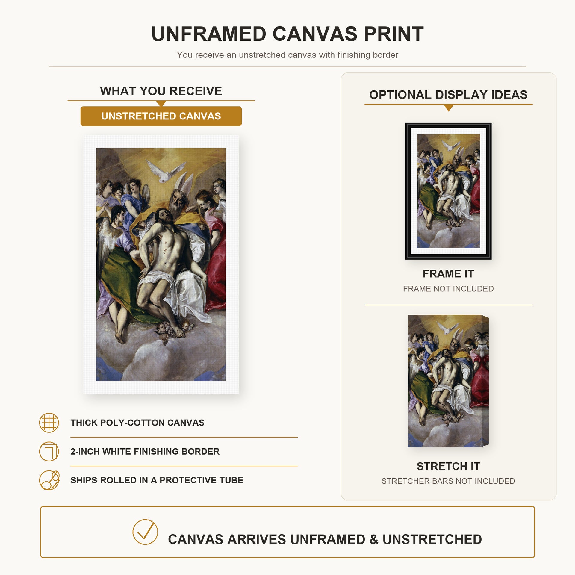 El Greco - The Holy Trinity canvas print size comparison and framing display infographic