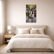 Gallery-wrapped canvas print of El Greco's The Holy Trinity displayed on a wall in a bedroom