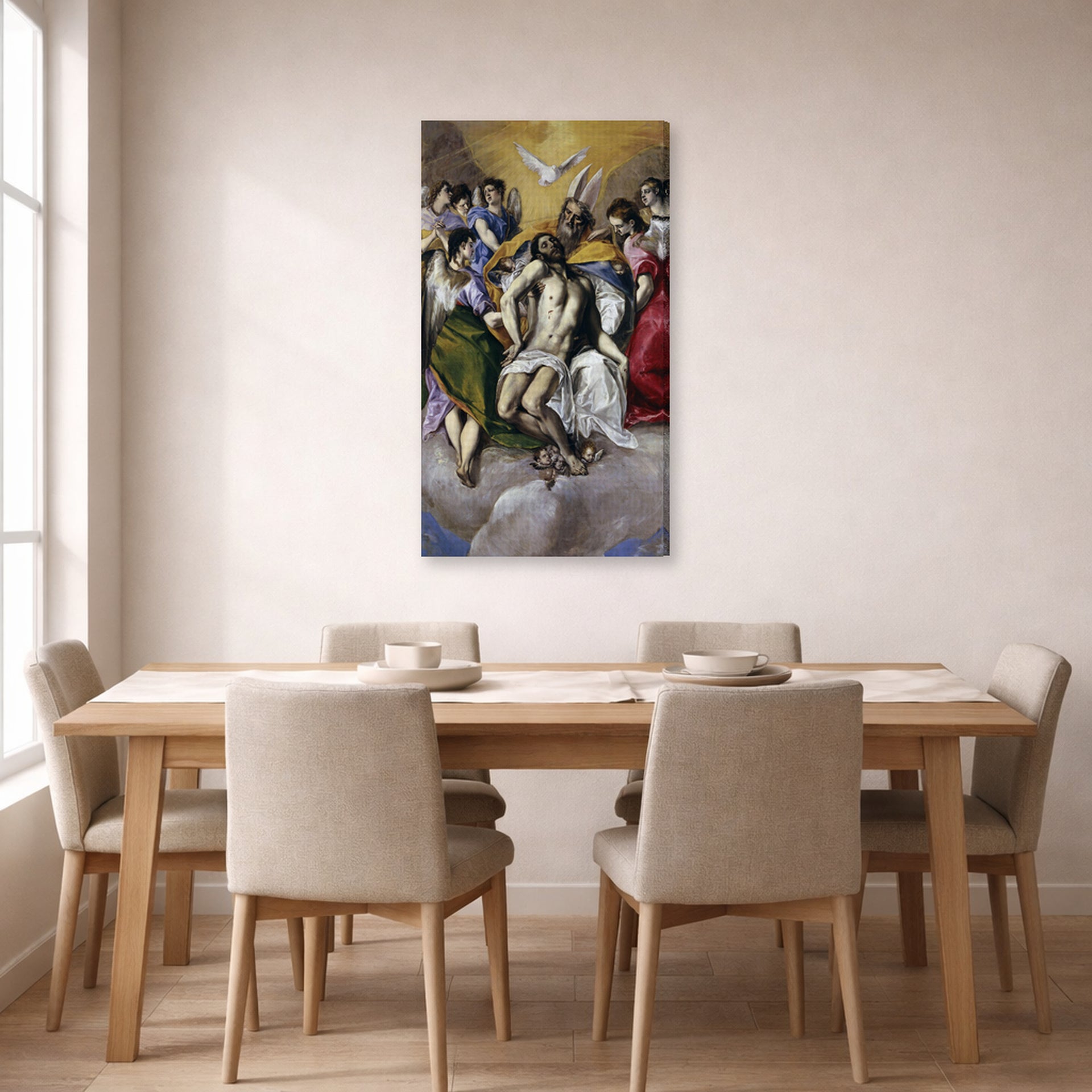 Gallery-wrapped canvas print of El Greco's The Holy Trinity displayed on a wall in a dining room