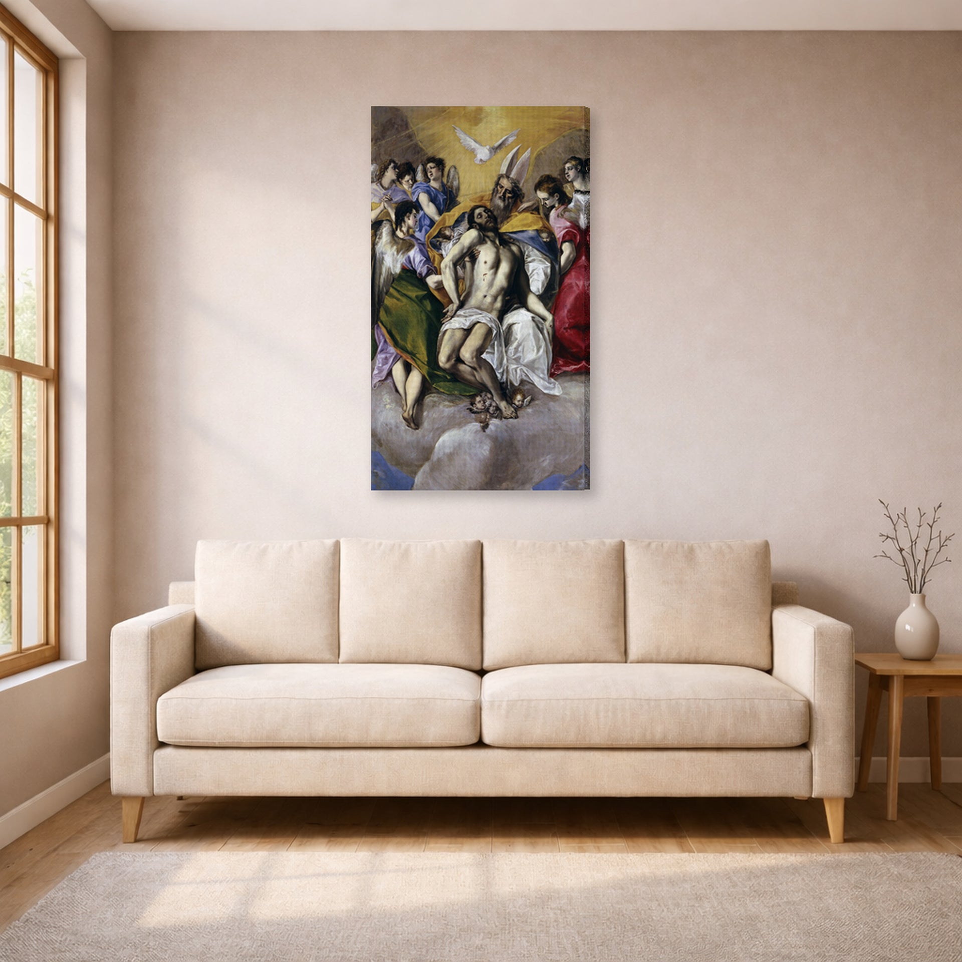 Gallery-wrapped canvas print of El Greco's The Holy Trinity displayed on a wall in a living room