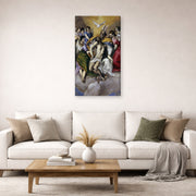 Gallery-wrapped canvas print of El Greco's The Holy Trinity displayed on a wall in a living room