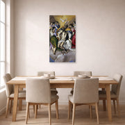Unframed poster print of El Greco's The Holy Trinity displayed on a wall in a dining room