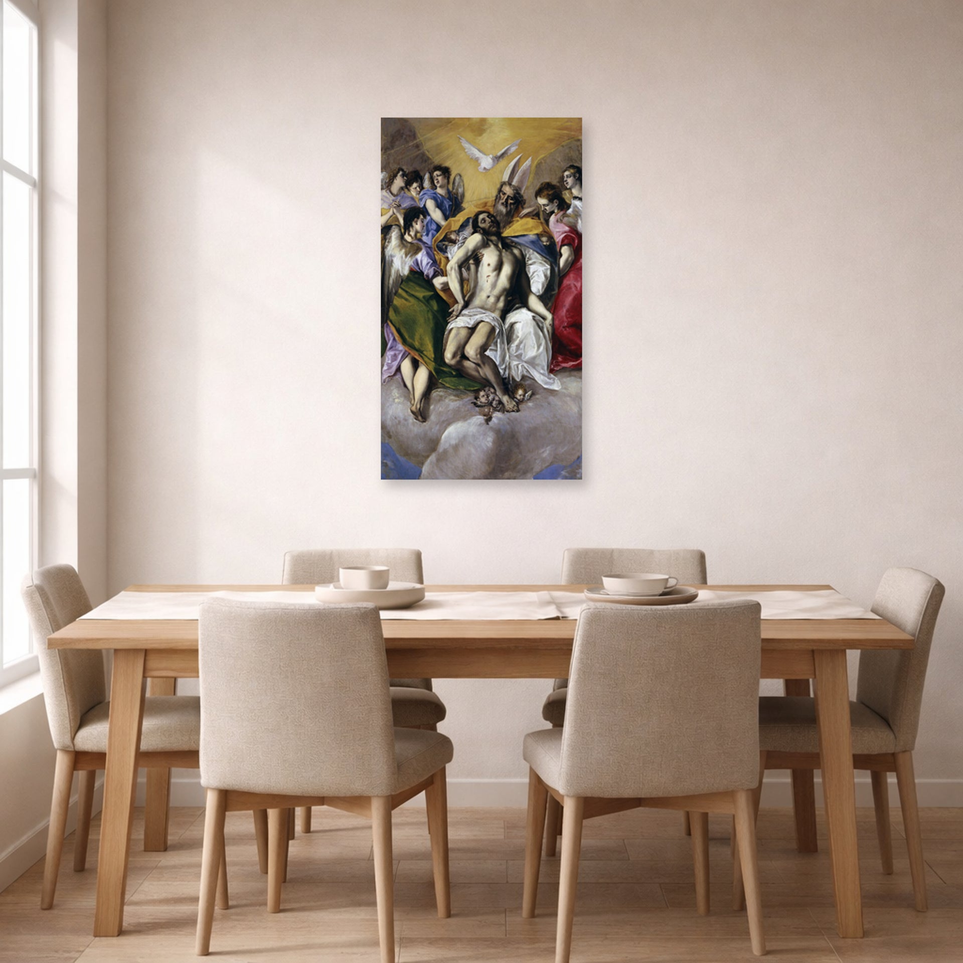 Unframed poster print of El Greco's The Holy Trinity displayed on a wall in a dining room