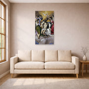 Unframed poster print of El Greco's The Holy Trinity displayed on a wall in a living room