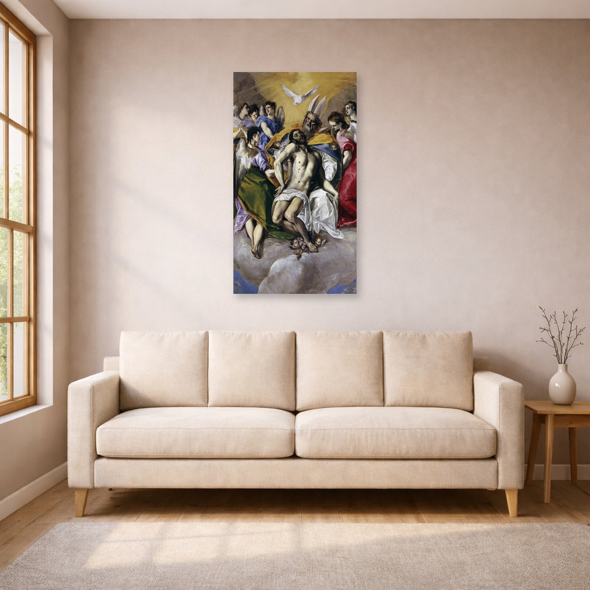 Unframed poster print of El Greco's The Holy Trinity displayed on a wall in a living room