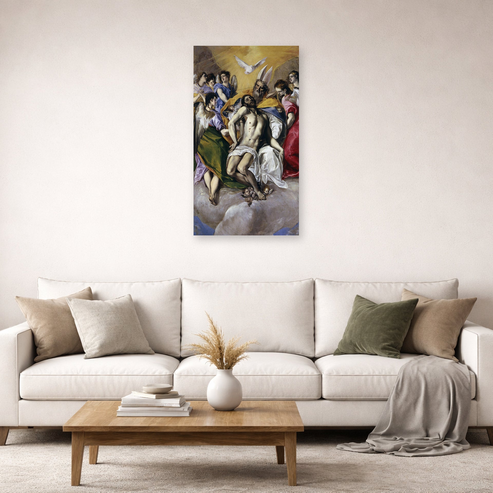 Unframed poster print of El Greco's The Holy Trinity displayed on a wall in a living room