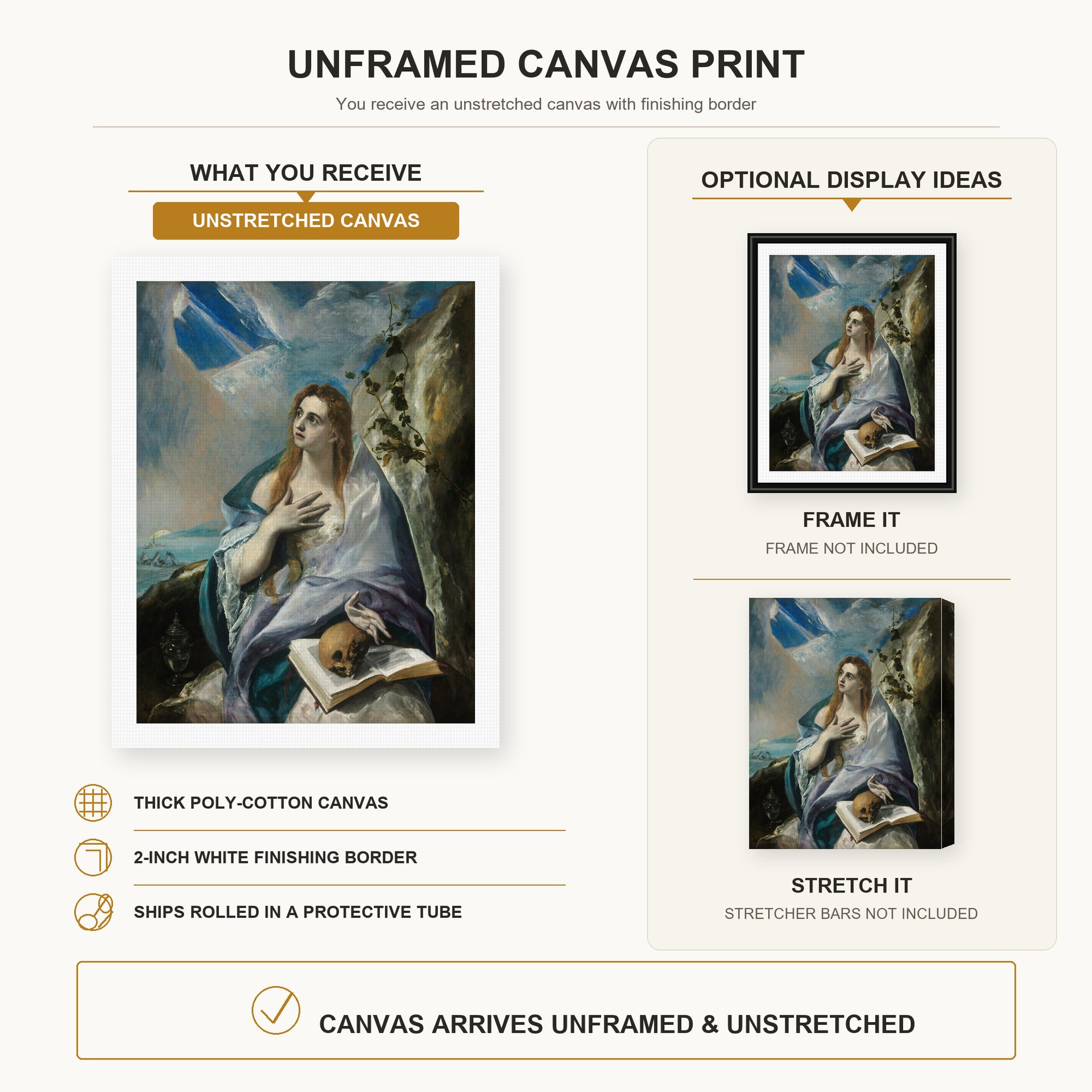 El Greco - The Penitent Magdalene canvas print size comparison and framing display infographic