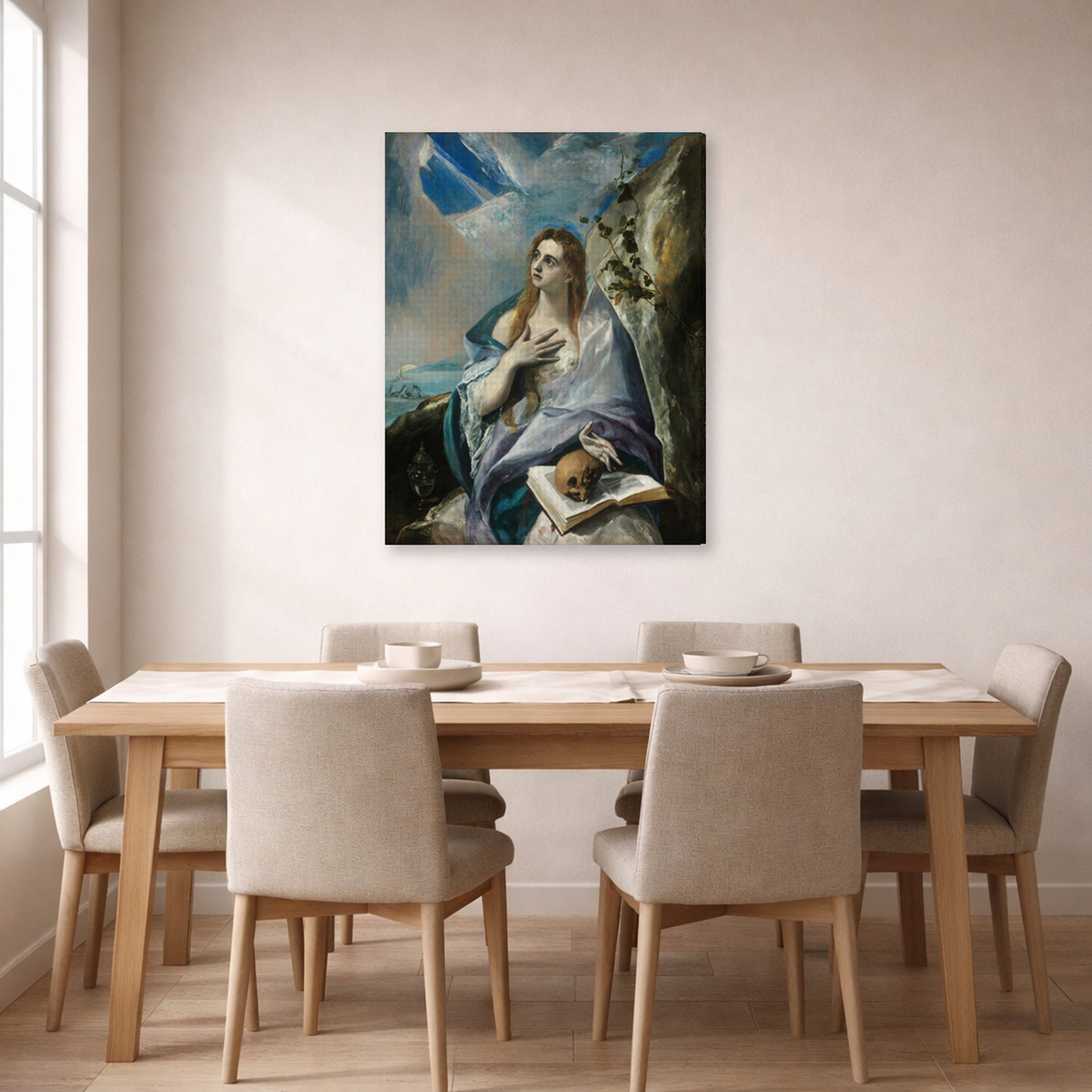 Gallery-wrapped canvas print of El Greco's The Penitent Magdalene displayed on a wall in a dining room