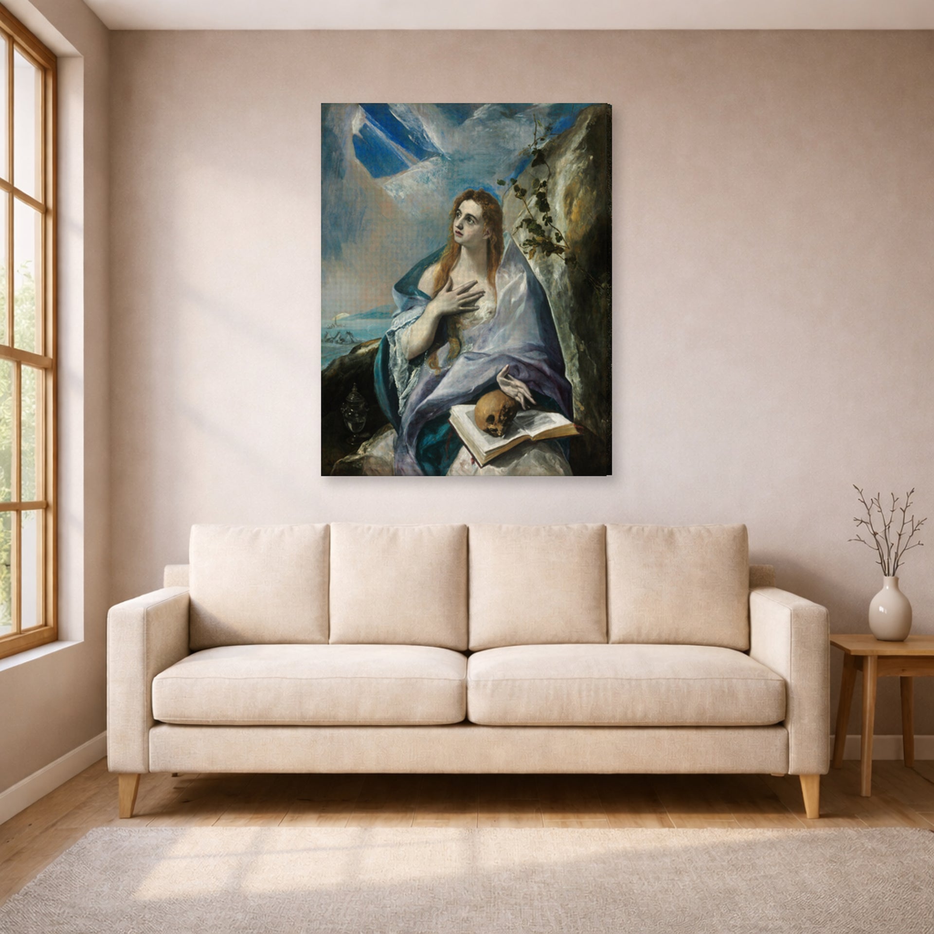Gallery-wrapped canvas print of El Greco's The Penitent Magdalene displayed on a wall in a living room