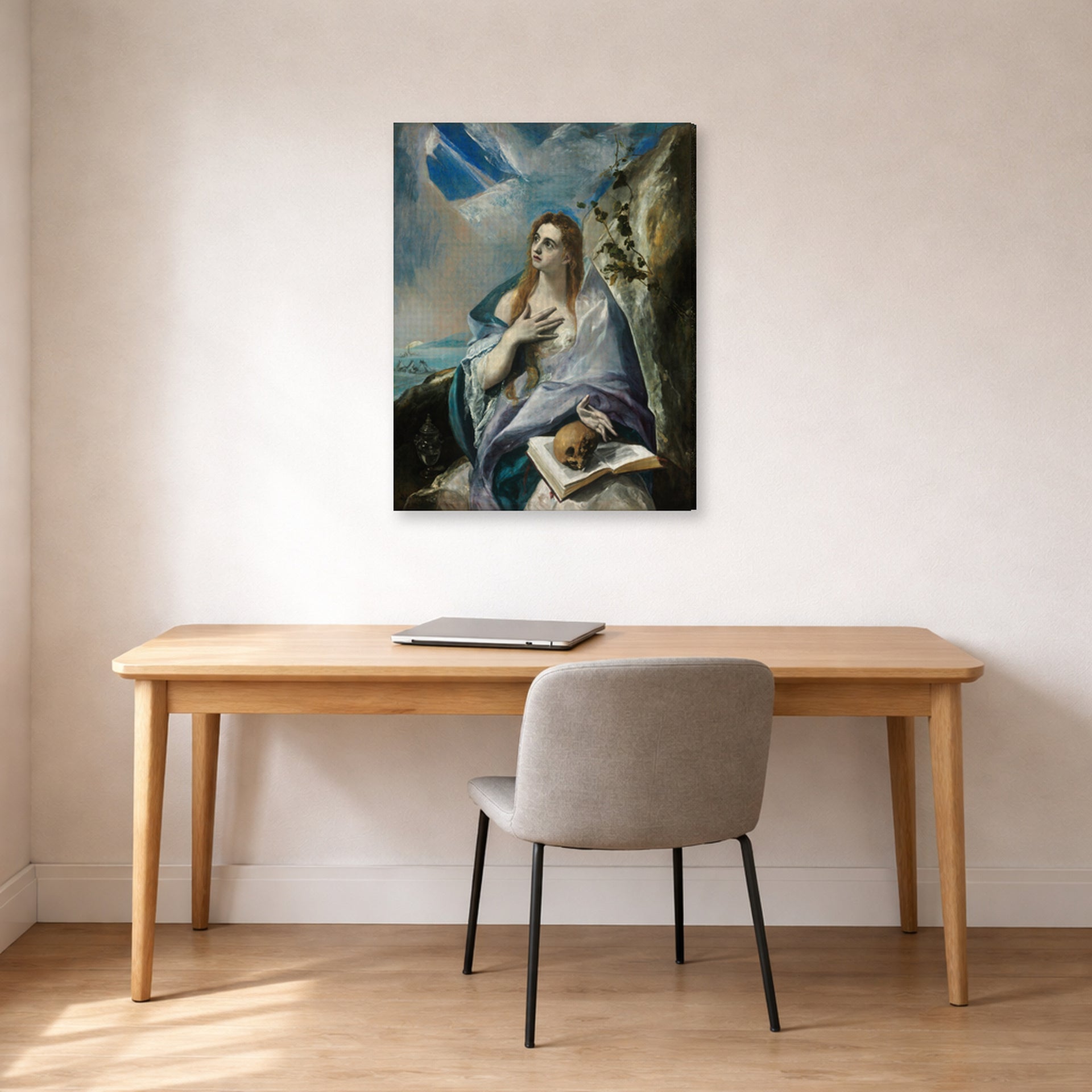 Gallery-wrapped canvas print of El Greco's The Penitent Magdalene displayed on a wall in an office
