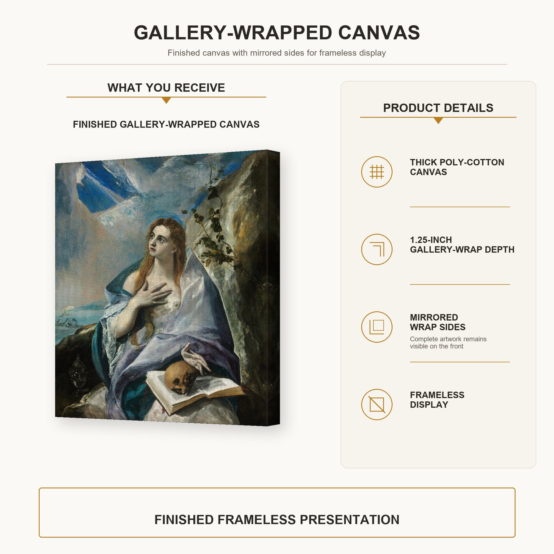 El Greco - The Penitent Magdalene gallery wrap canvas construction and hanging details infographic