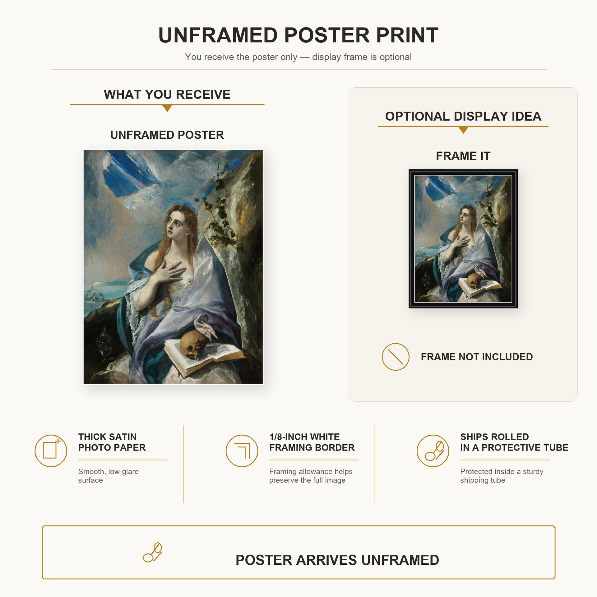 El Greco - The Penitent Magdalene poster print size comparison and framing display infographic