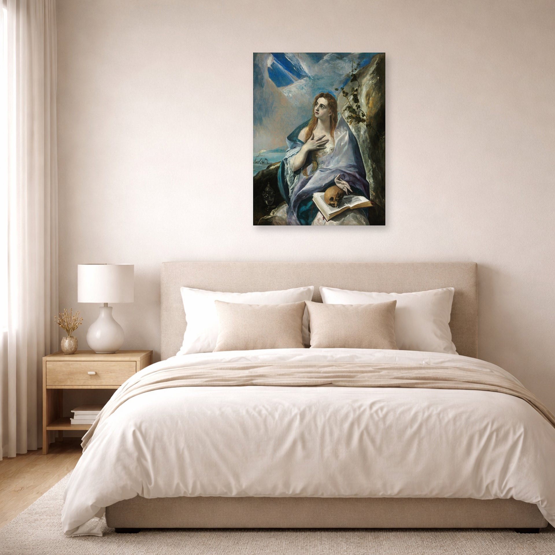 Unframed poster print of El Greco's The Penitent Magdalene displayed on a wall in a bedroom