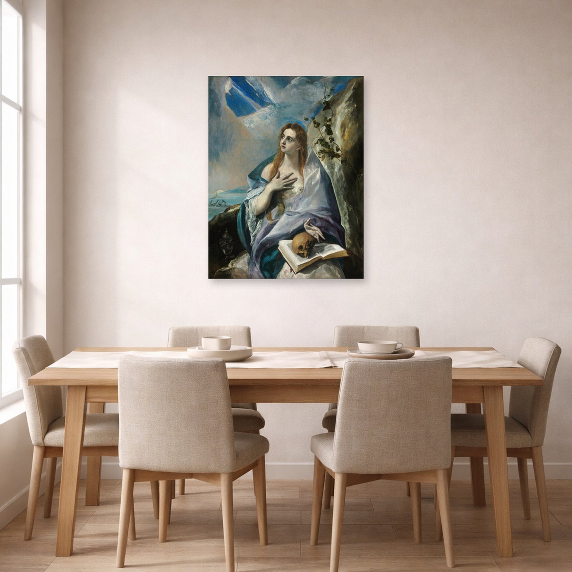 Unframed poster print of El Greco's The Penitent Magdalene displayed on a wall in a dining room