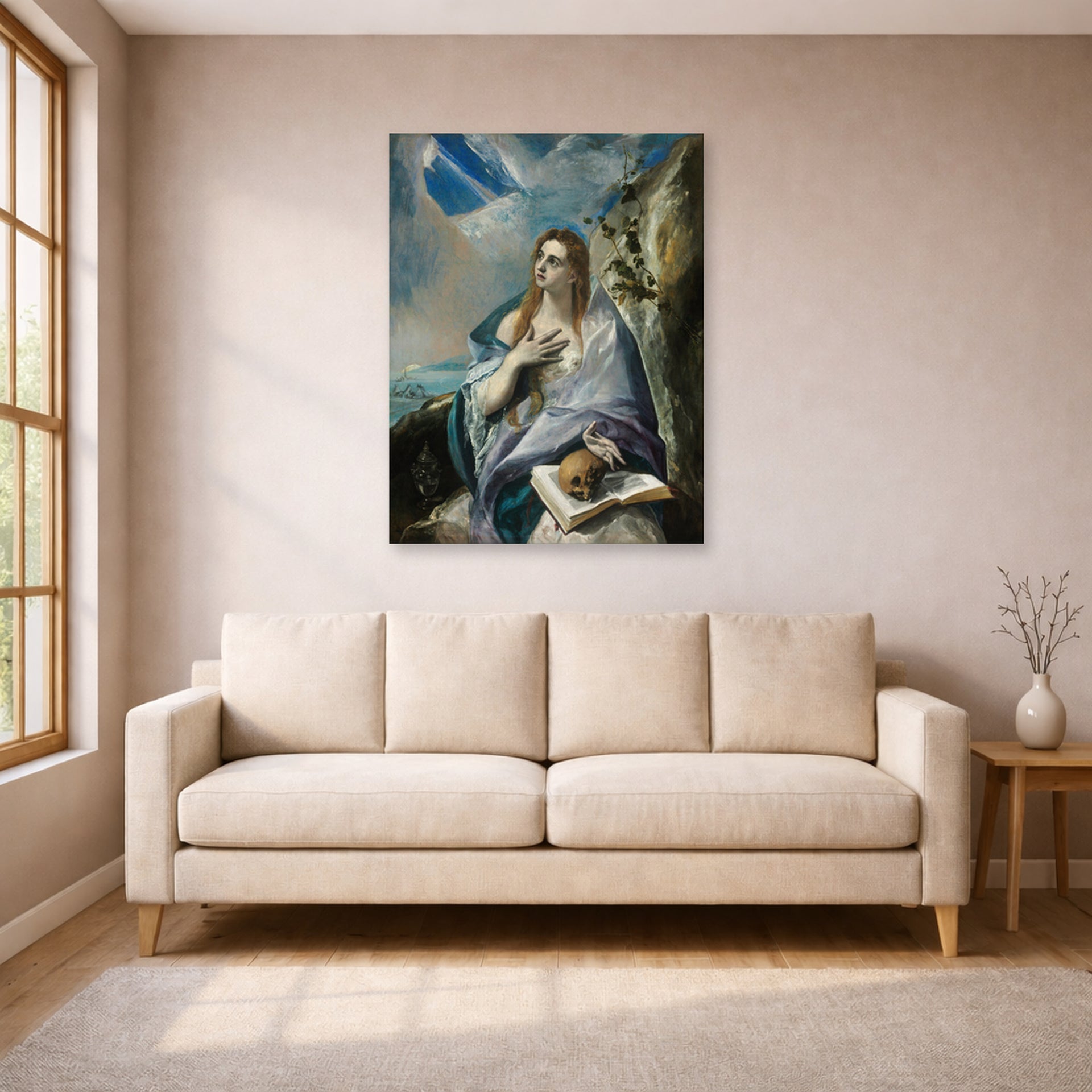 Unframed poster print of El Greco's The Penitent Magdalene displayed on a wall in a living room