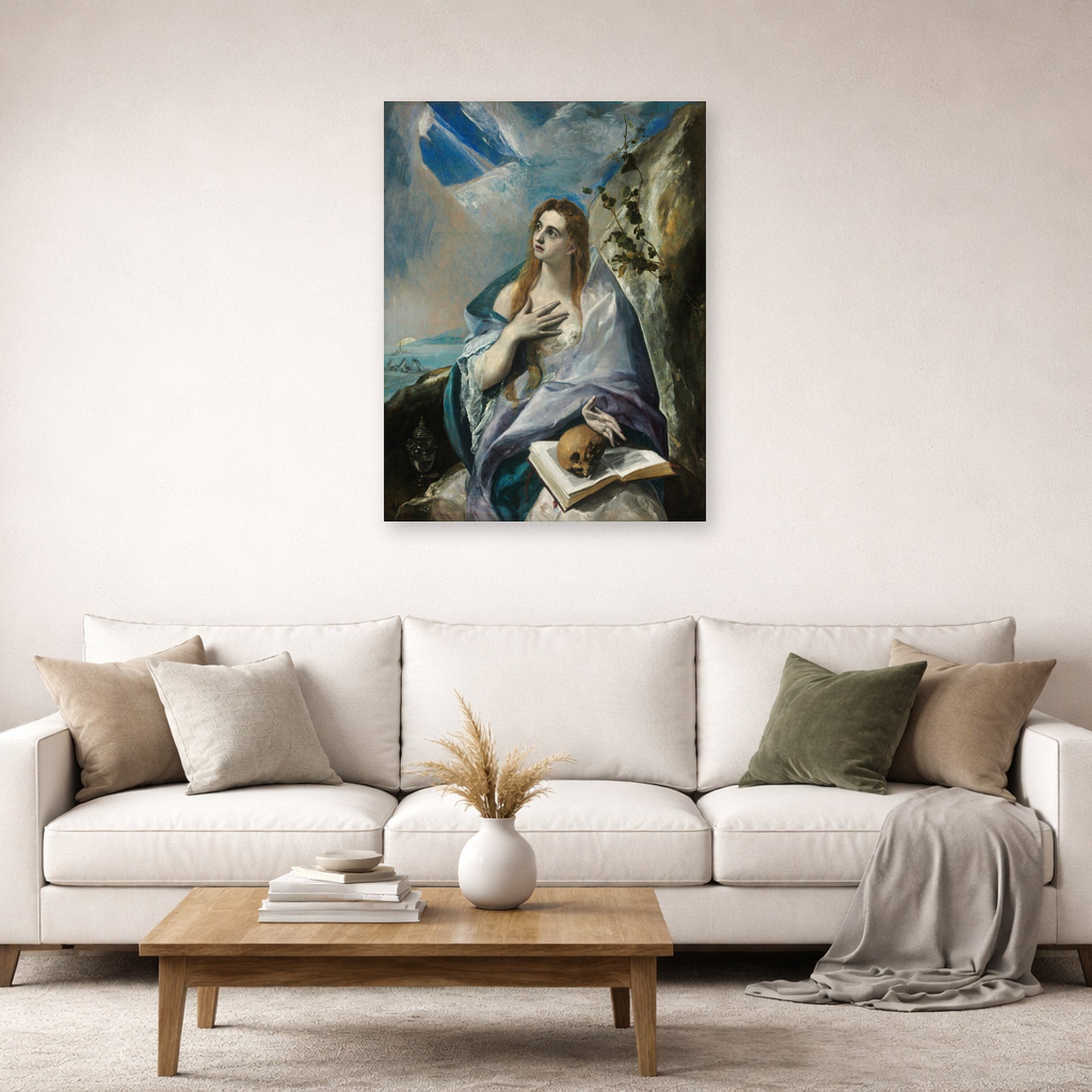 Unframed poster print of El Greco's The Penitent Magdalene displayed on a wall in a living room