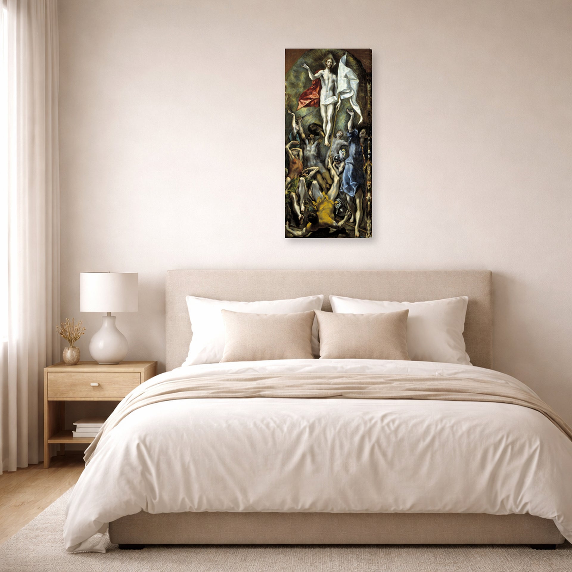 Gallery-wrapped canvas print of El Greco's The Resurrection displayed on a wall in a bedroom