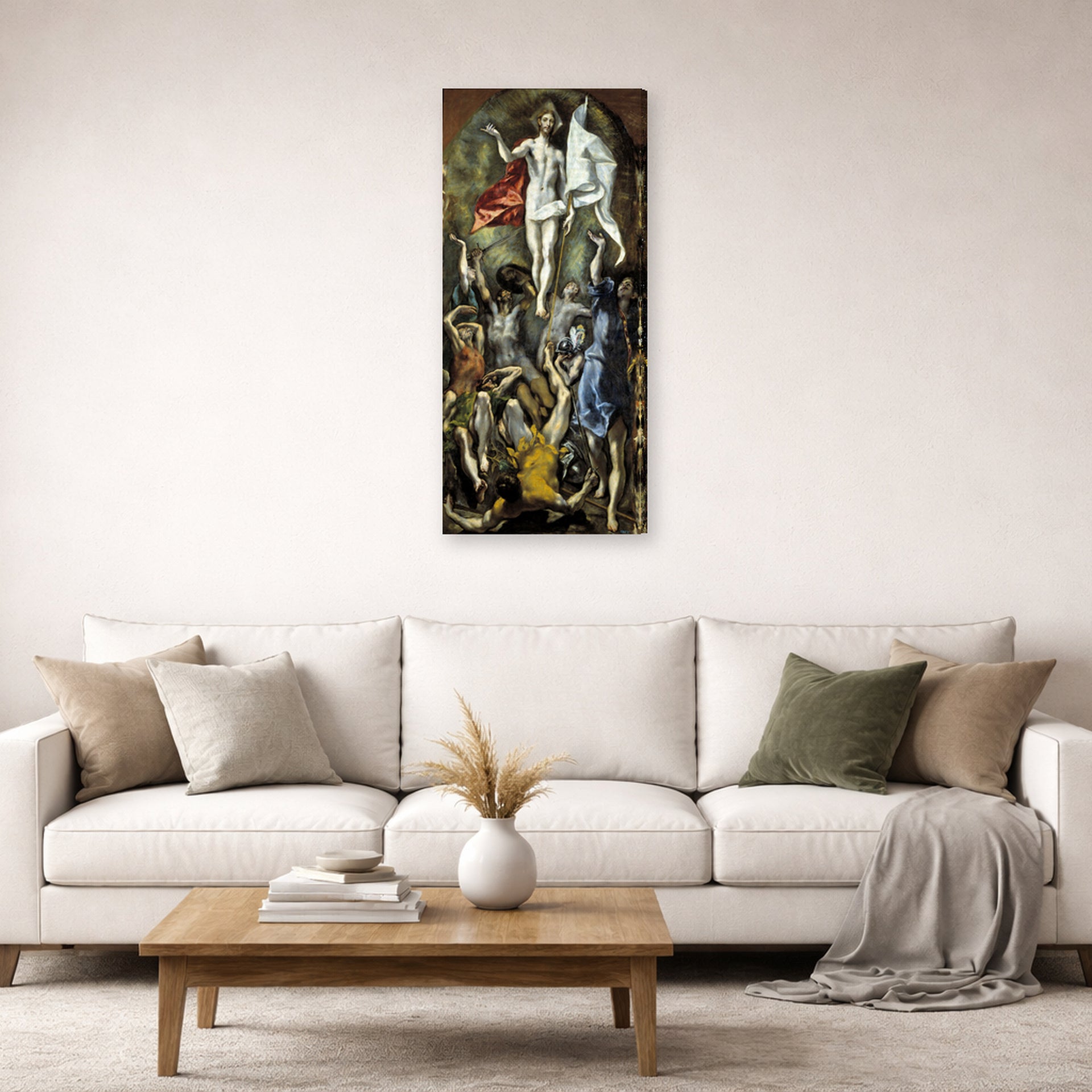 Gallery-wrapped canvas print of El Greco's The Resurrection displayed on a wall in a living room
