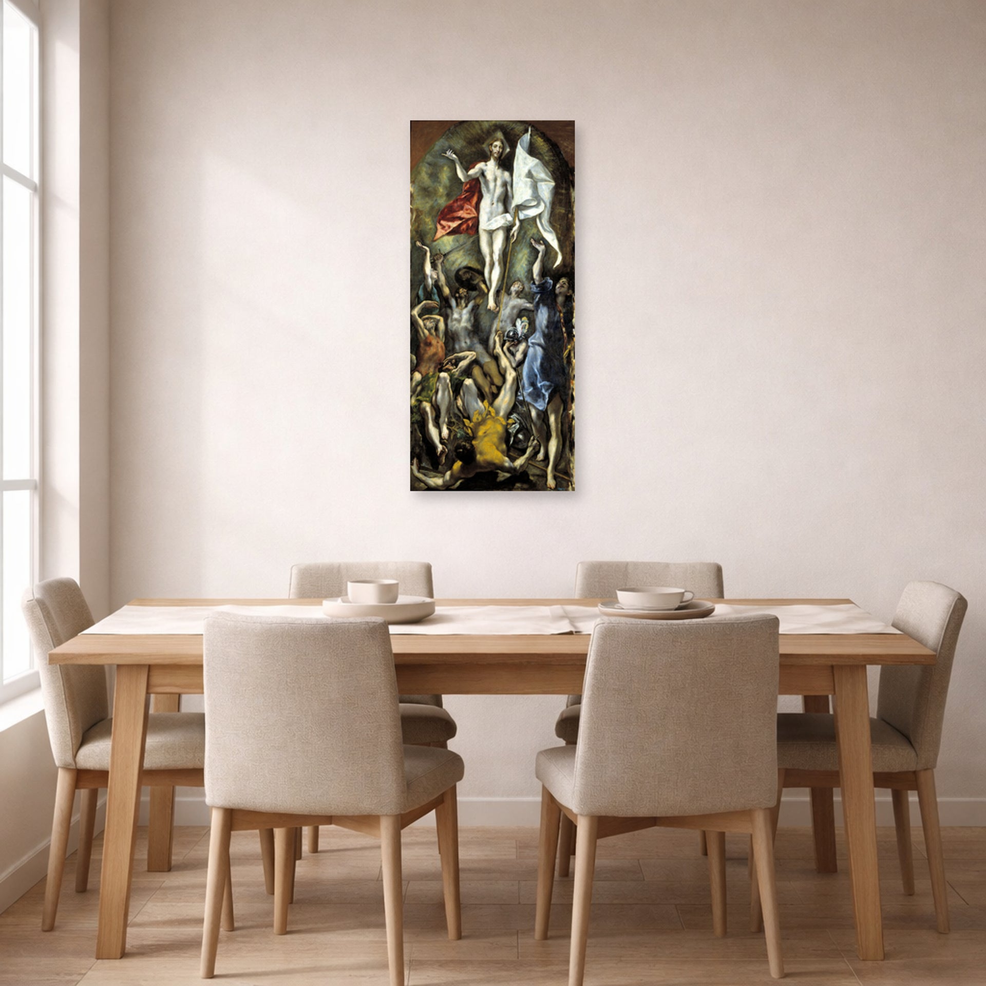 Unframed poster print of El Greco's The Resurrection displayed on a wall in a dining room