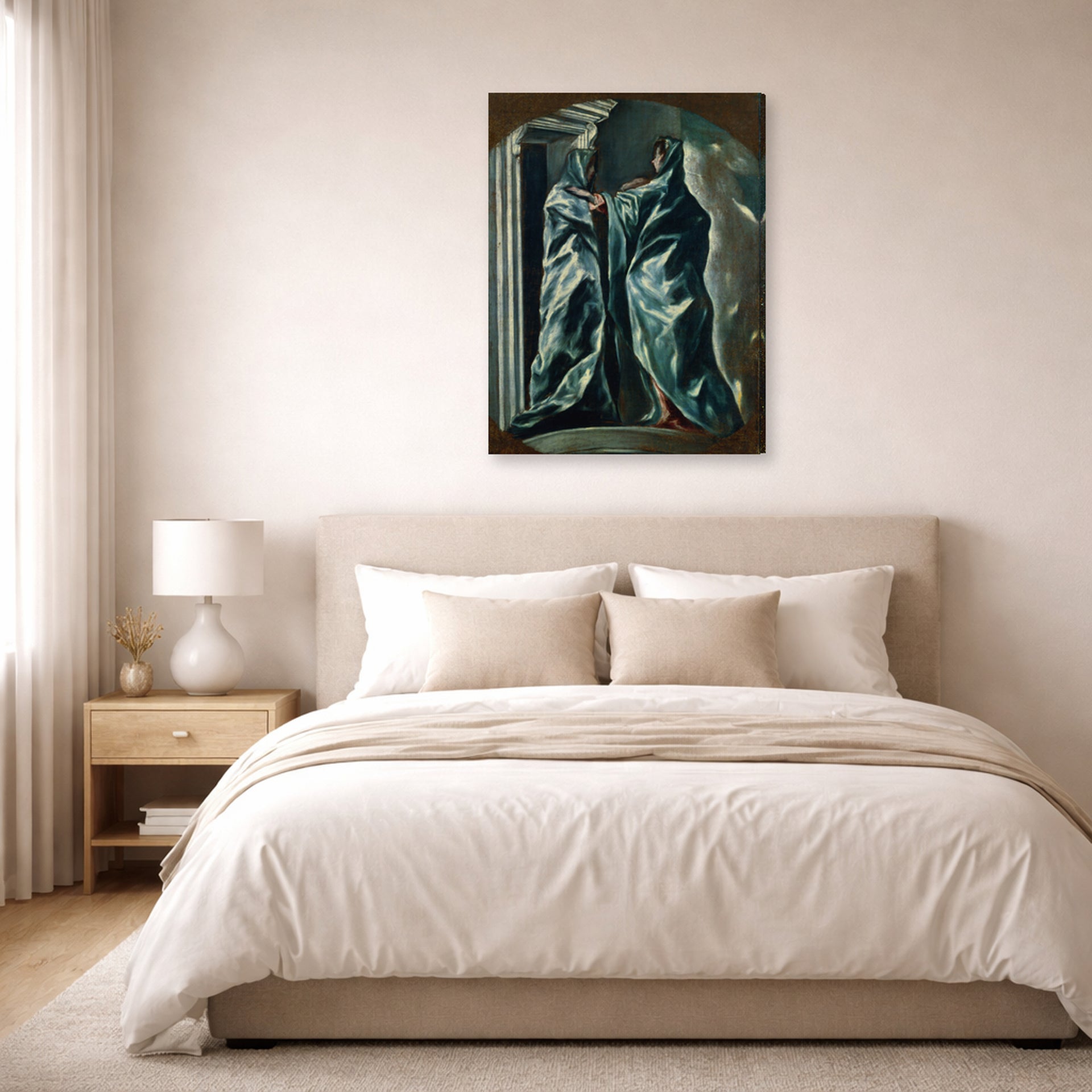 Gallery-wrapped canvas print of El Greco's The Visitation displayed on a wall in a bedroom