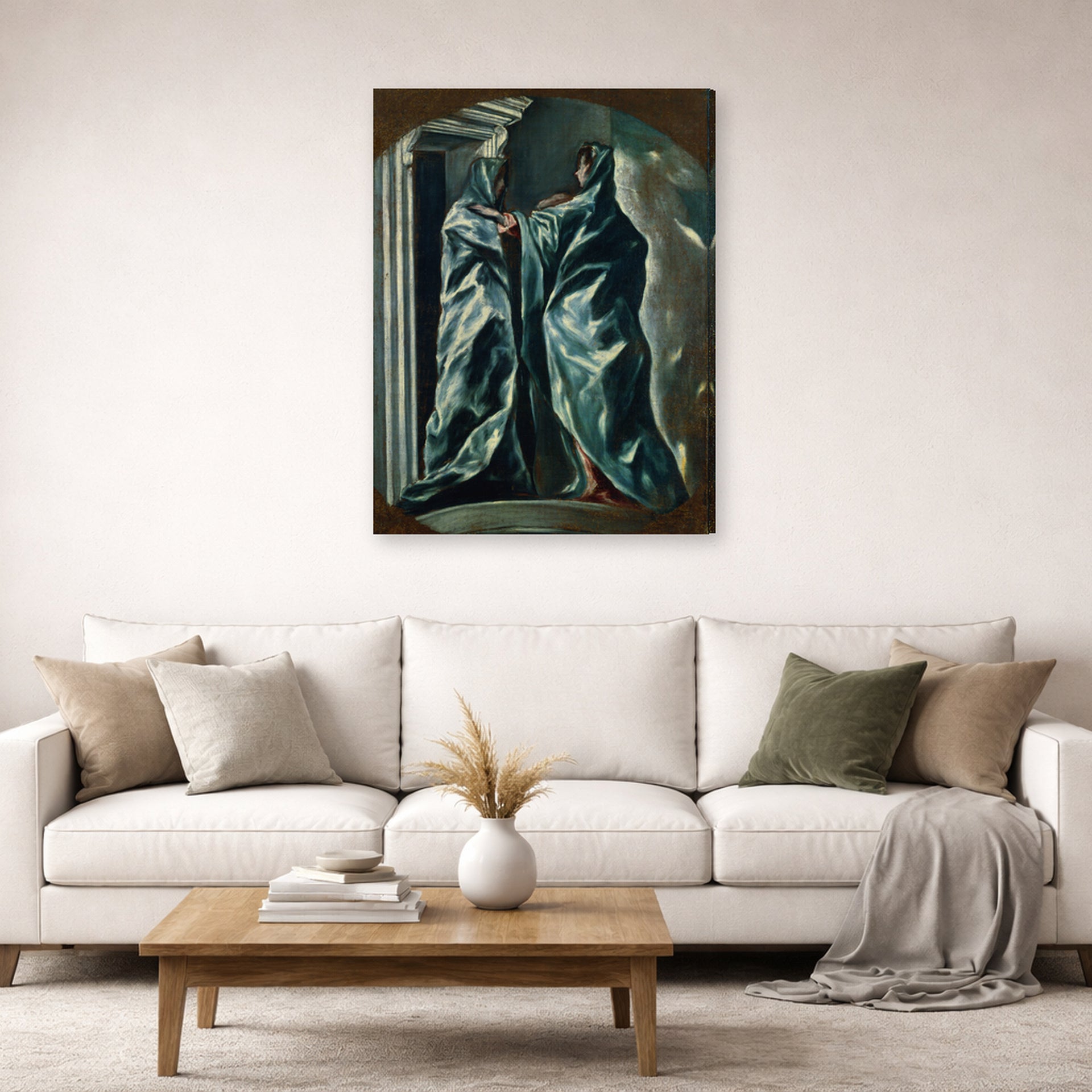 Gallery-wrapped canvas print of El Greco's The Visitation displayed on a wall in a living room