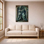 Unframed poster print of El Greco's The Visitation displayed on a wall in a living room