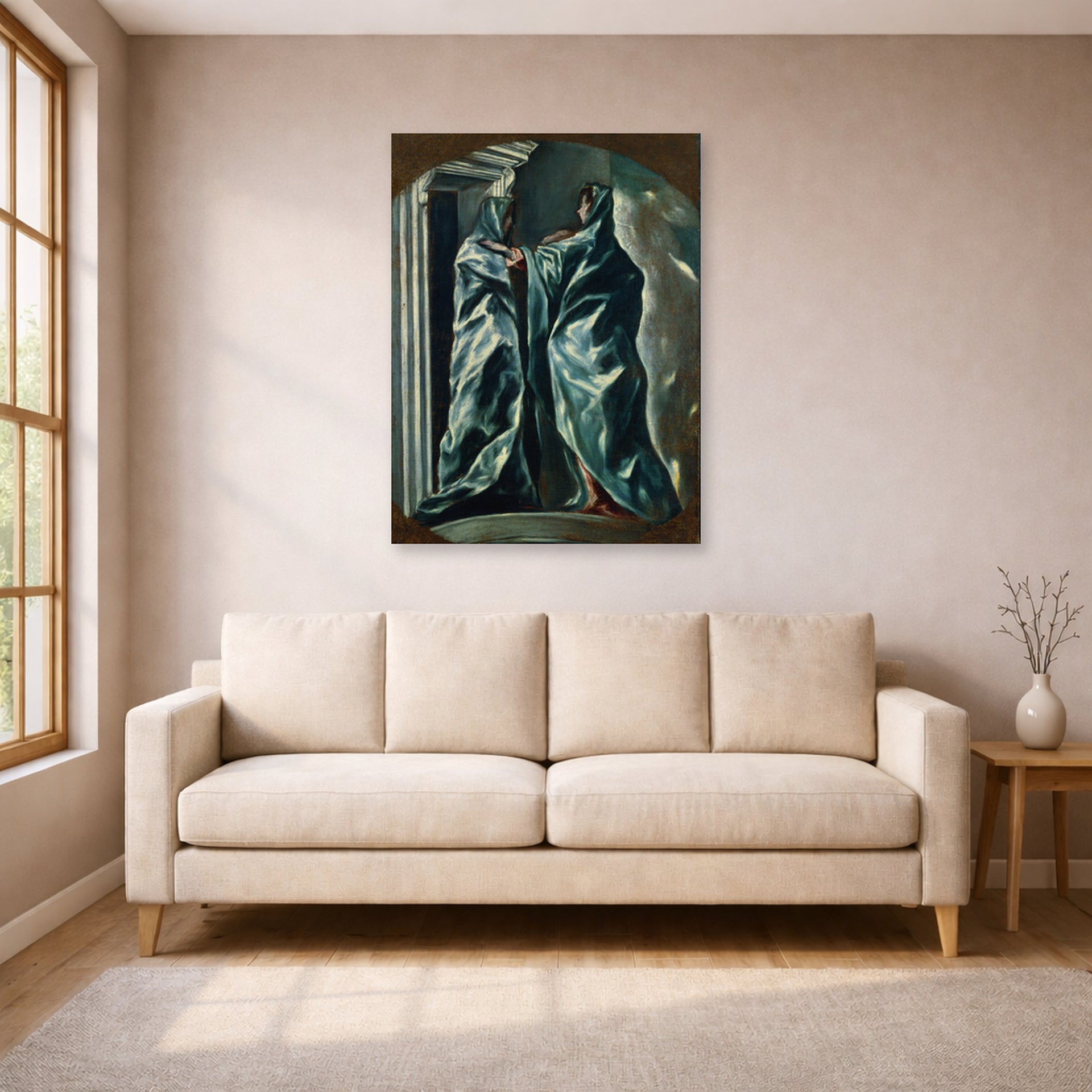 Unframed poster print of El Greco's The Visitation displayed on a wall in a living room