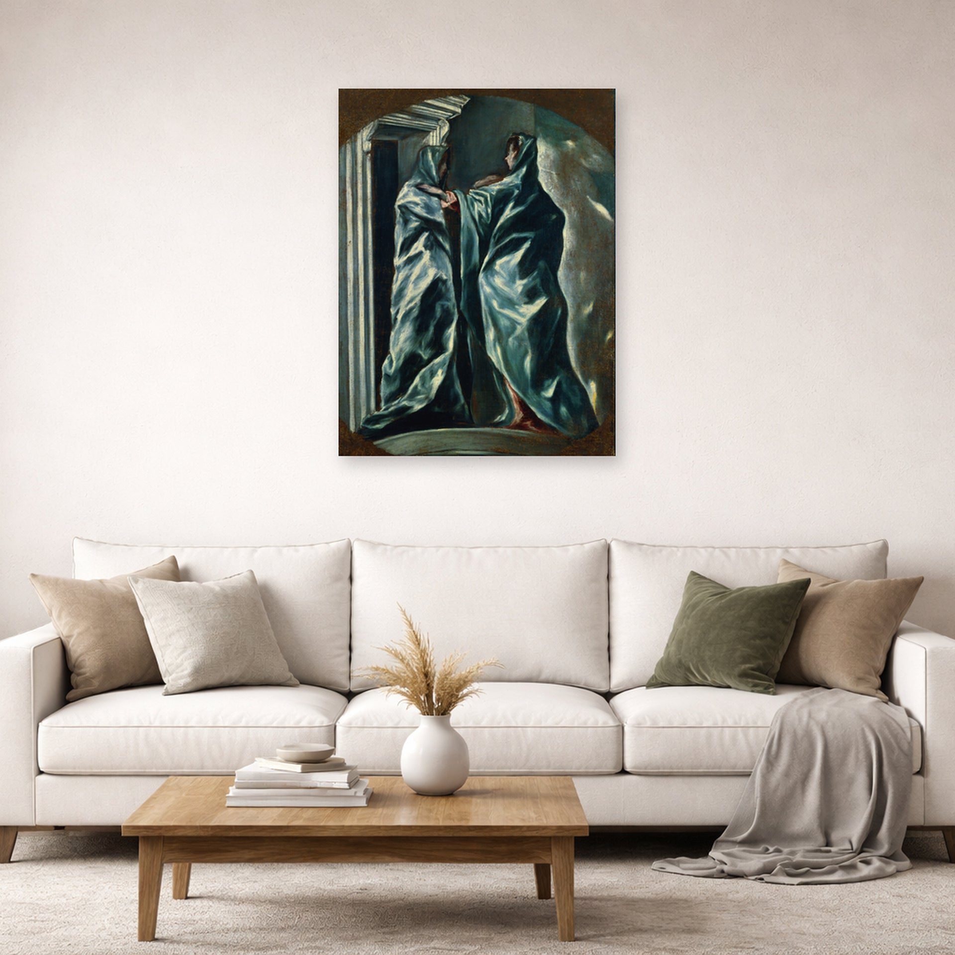 Unframed poster print of El Greco's The Visitation displayed on a wall in a living room