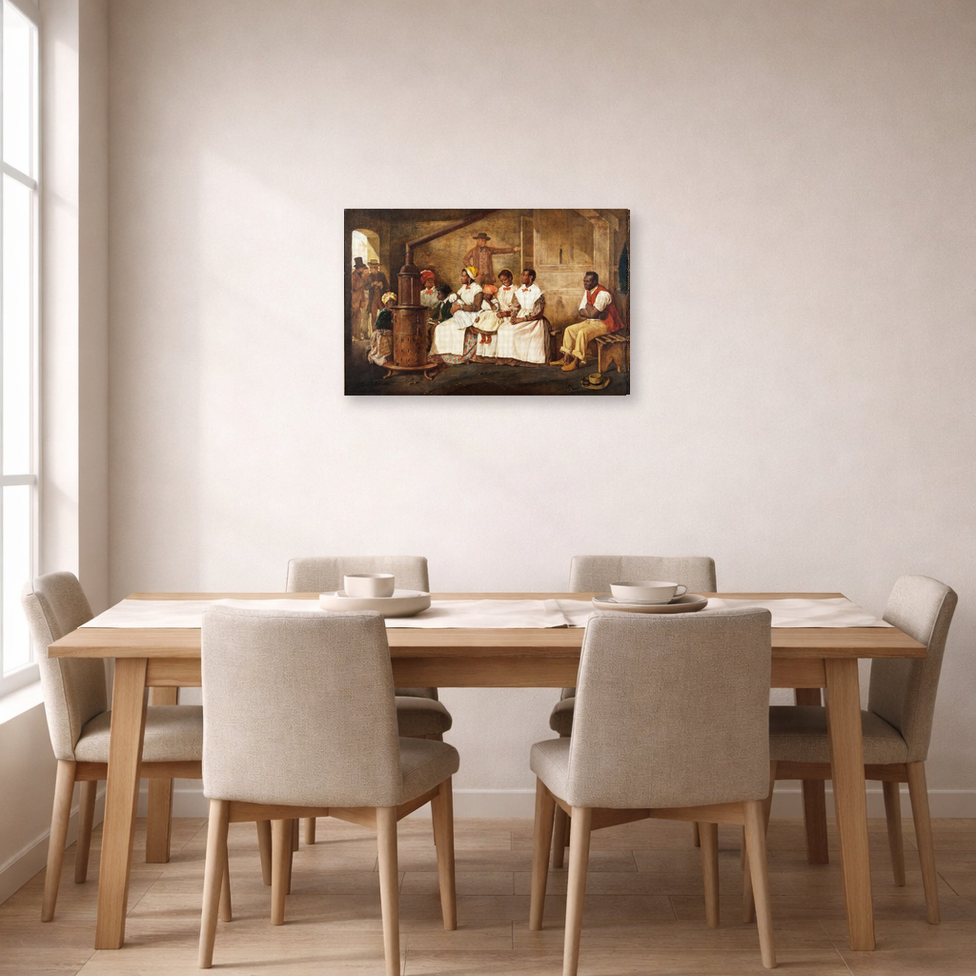 Gallery-wrapped canvas print of Eyre Crowe's 'Slaves Waiting for Sale, Richmond, Virginia' displayed on a wall in a dining room