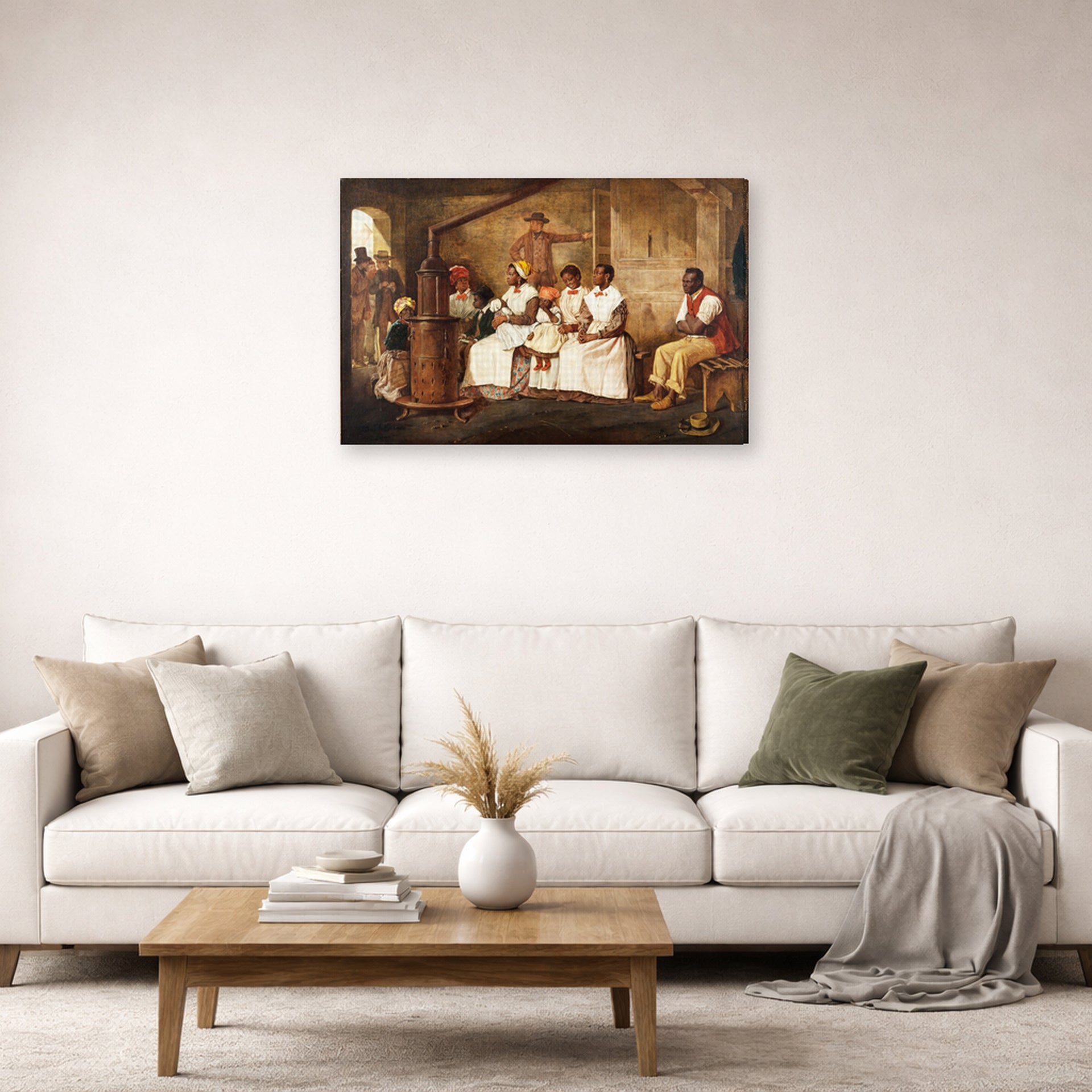 Gallery-wrapped canvas print of Eyre Crowe's 'Slaves Waiting for Sale, Richmond, Virginia' displayed on a wall in a living room