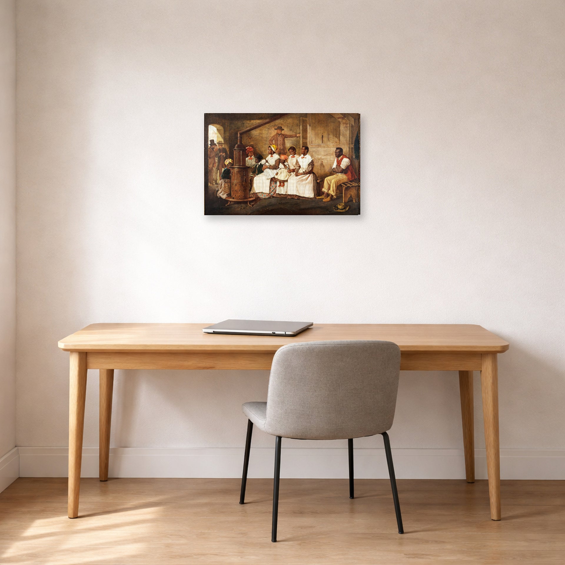 Gallery-wrapped canvas print of Eyre Crowe's 'Slaves Waiting for Sale, Richmond, Virginia' displayed on a wall in a home office