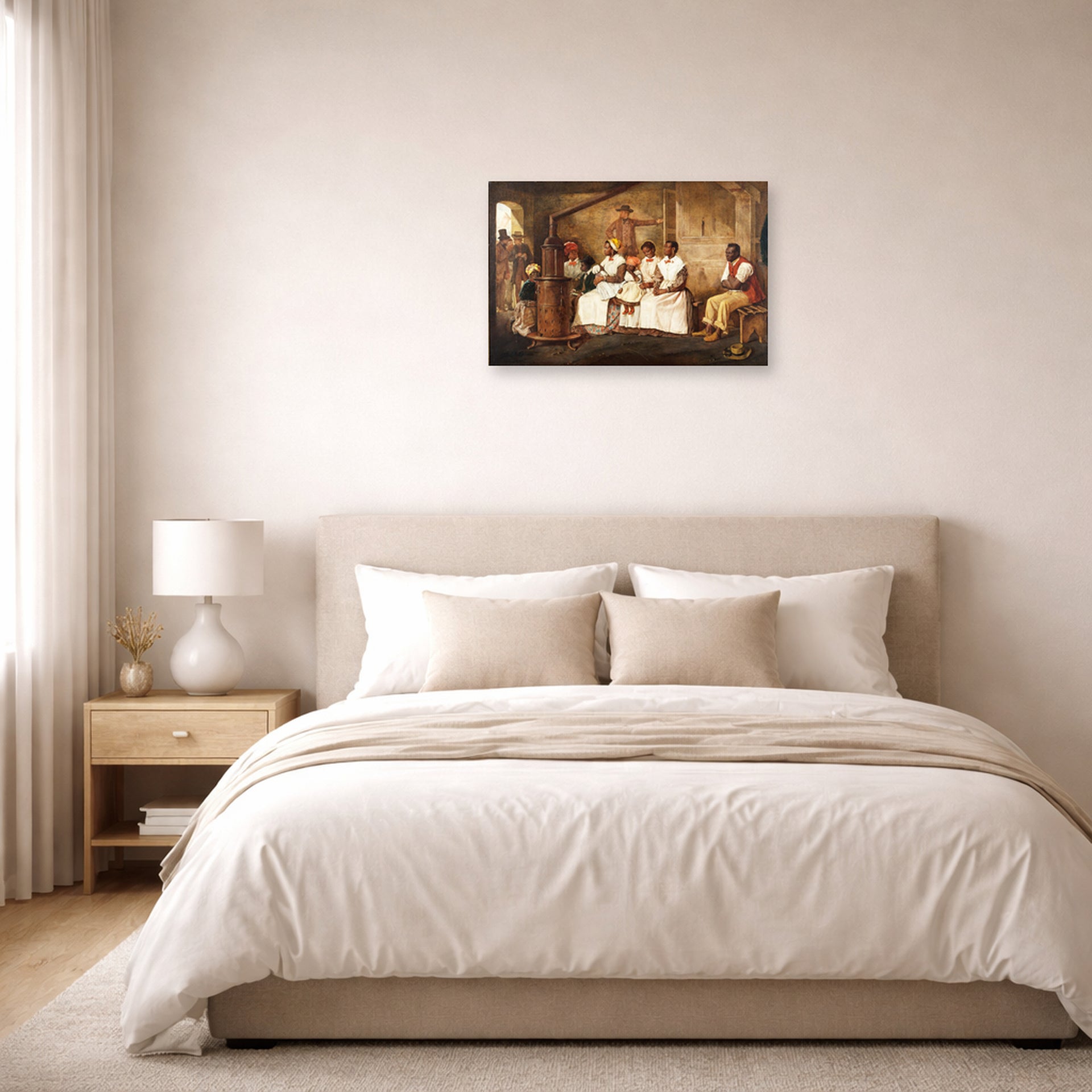 Unframed poster print of Eyre Crowe's 'Slaves Waiting for Sale, Richmond, Virginia' displayed on a wall in a bedroom
