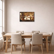 Unframed poster print of Eyre Crowe's 'Slaves Waiting for Sale, Richmond, Virginia' displayed on a wall in a dining room