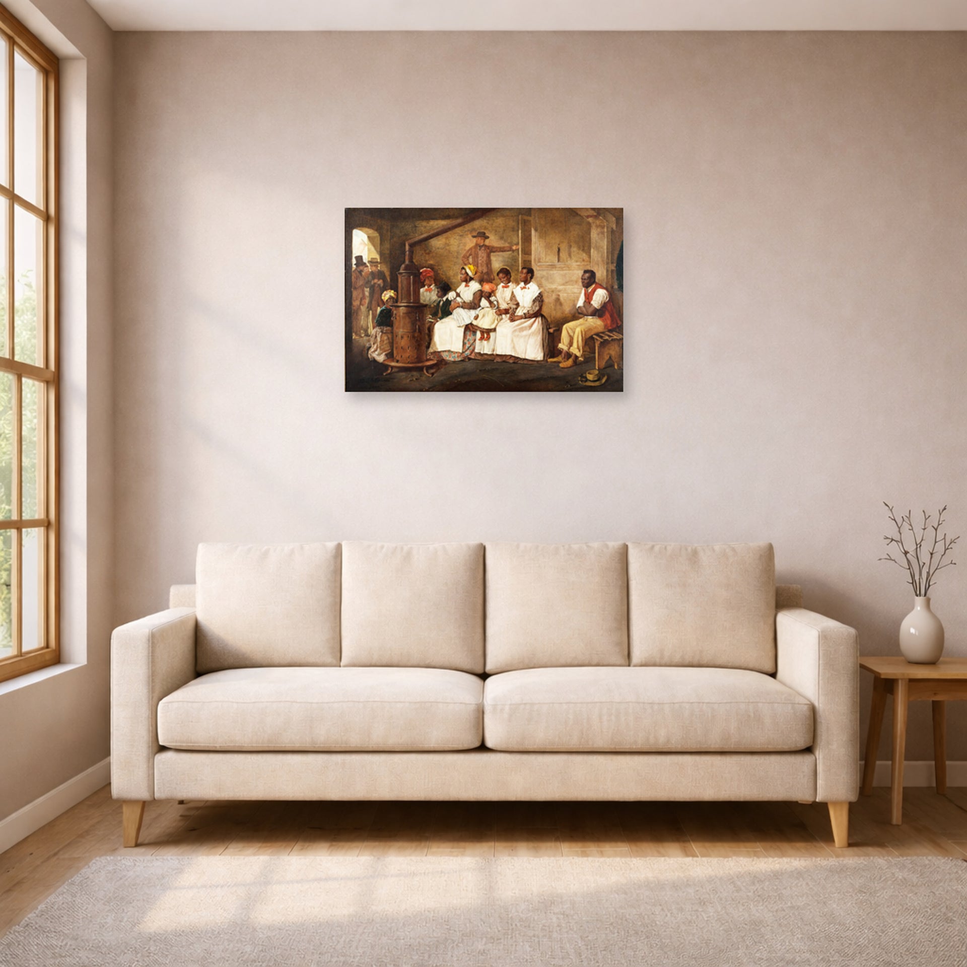 Unframed poster print of Eyre Crowe's 'Slaves Waiting for Sale, Richmond, Virginia' displayed on a wall in a living room
