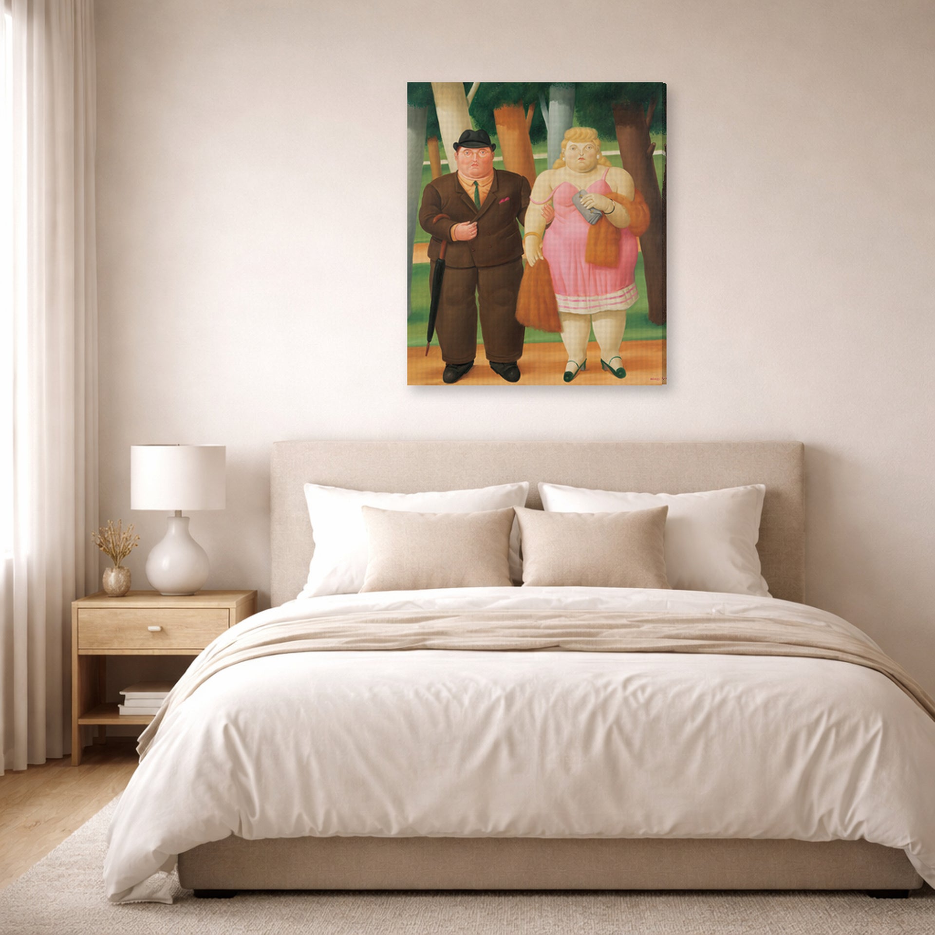 Gallery-wrapped canvas print of Fernando Botero's A Couple displayed on a wall in a bedroom