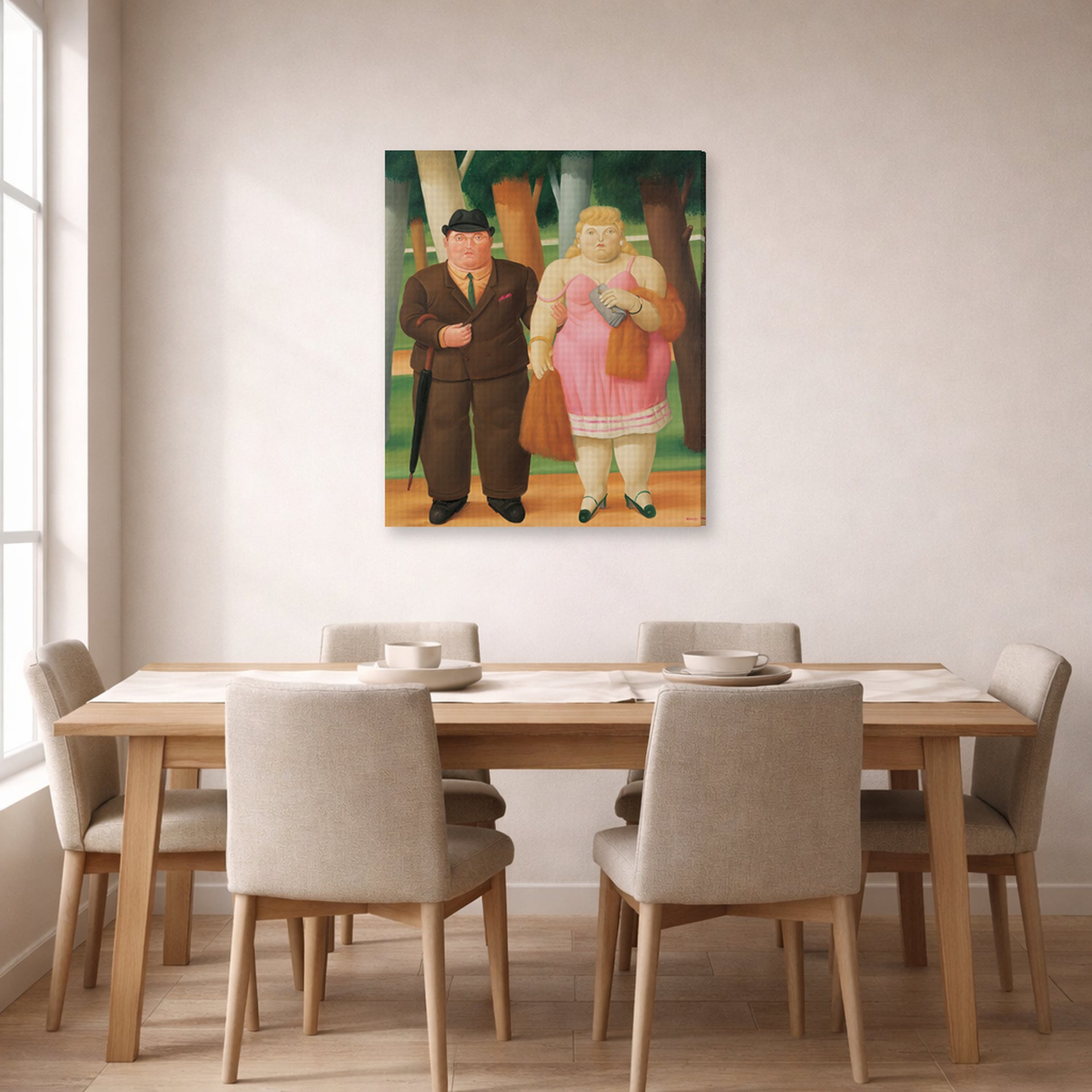 Gallery-wrapped canvas print of Fernando Botero's A Couple displayed on a wall in a dining room