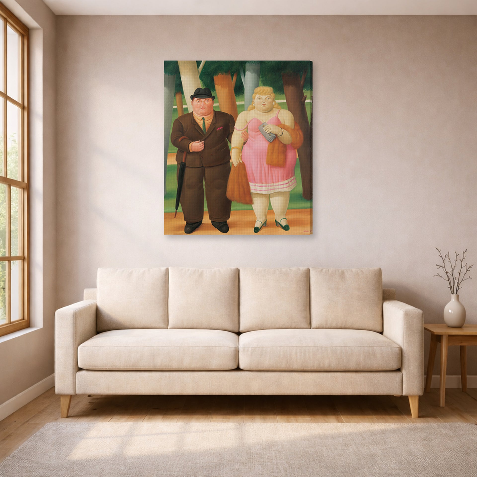 Gallery-wrapped canvas print of Fernando Botero's A Couple displayed on a wall in a living room