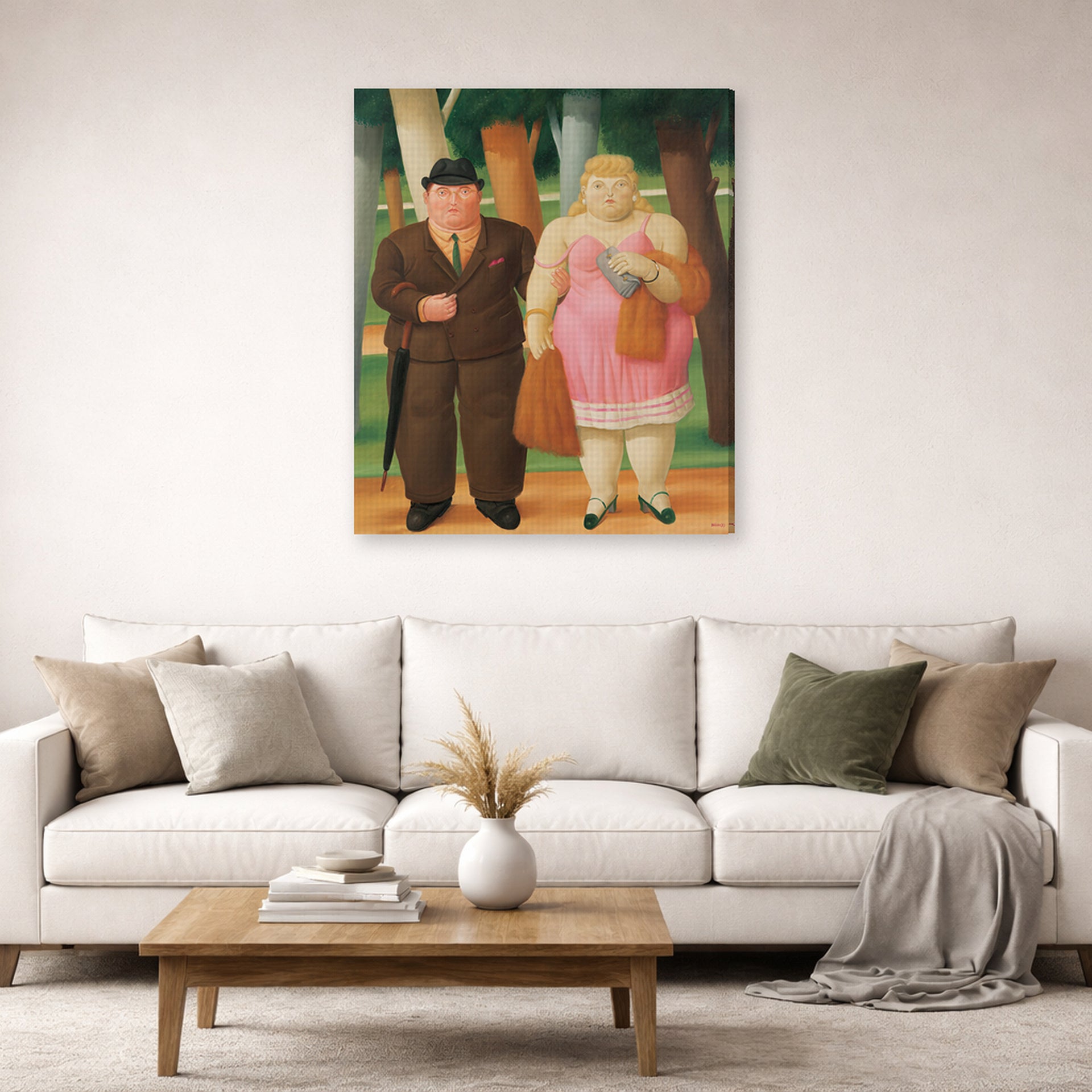 Gallery-wrapped canvas print of Fernando Botero's A Couple displayed on a wall in a living room