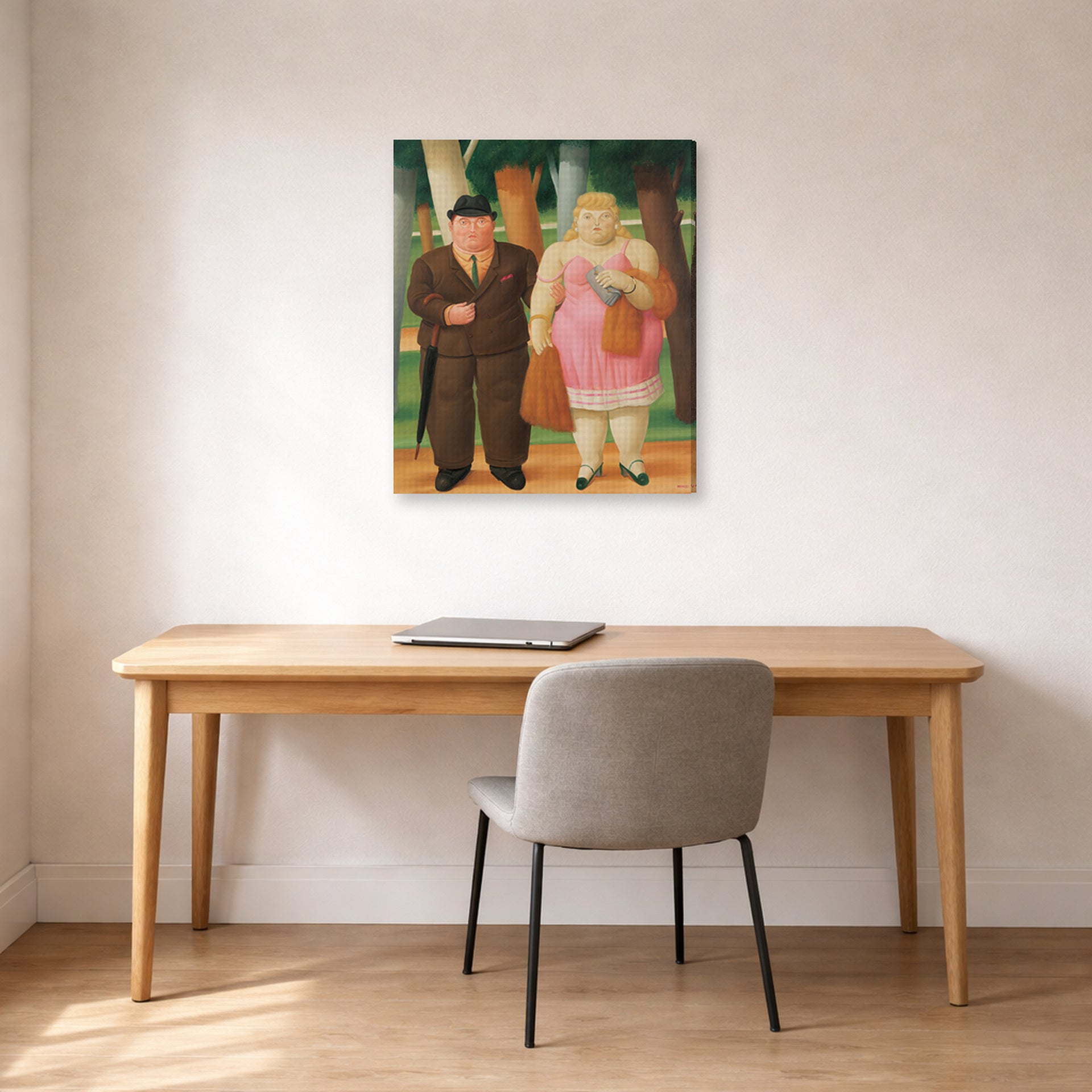Gallery-wrapped canvas print of Fernando Botero's A Couple displayed on a wall in a home office