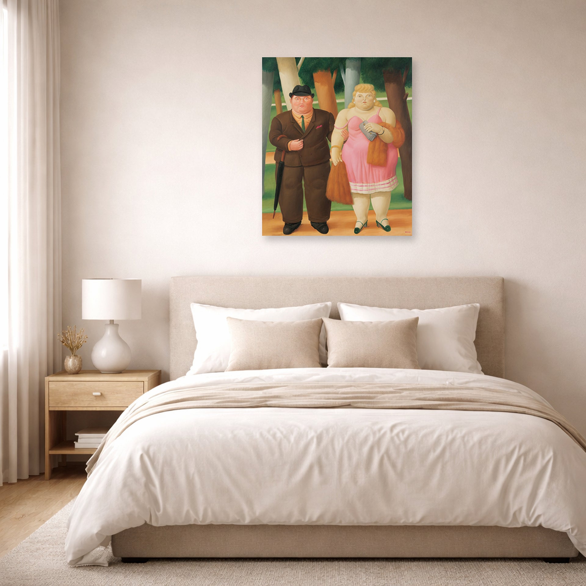 Unframed poster print of Fernando Botero's A Couple displayed on a wall in a bedroom