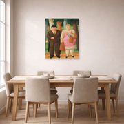 Unframed poster print of Fernando Botero's A Couple displayed on a wall in a dining room