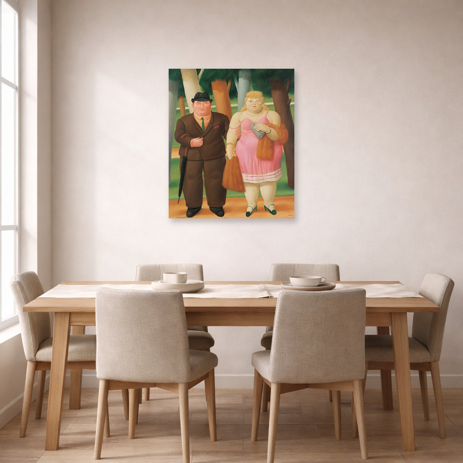 Unframed poster print of Fernando Botero's A Couple displayed on a wall in a dining room