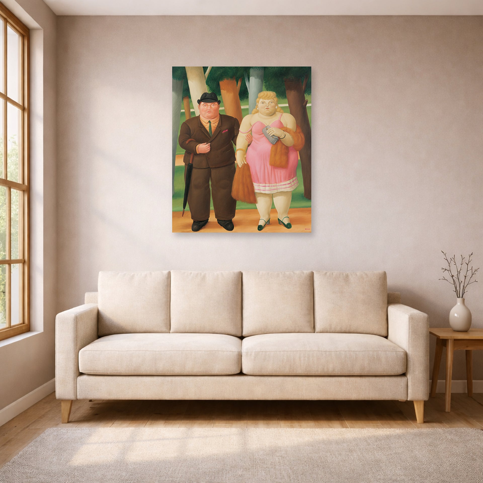 Unframed poster print of Fernando Botero's A Couple displayed on a wall in a living room