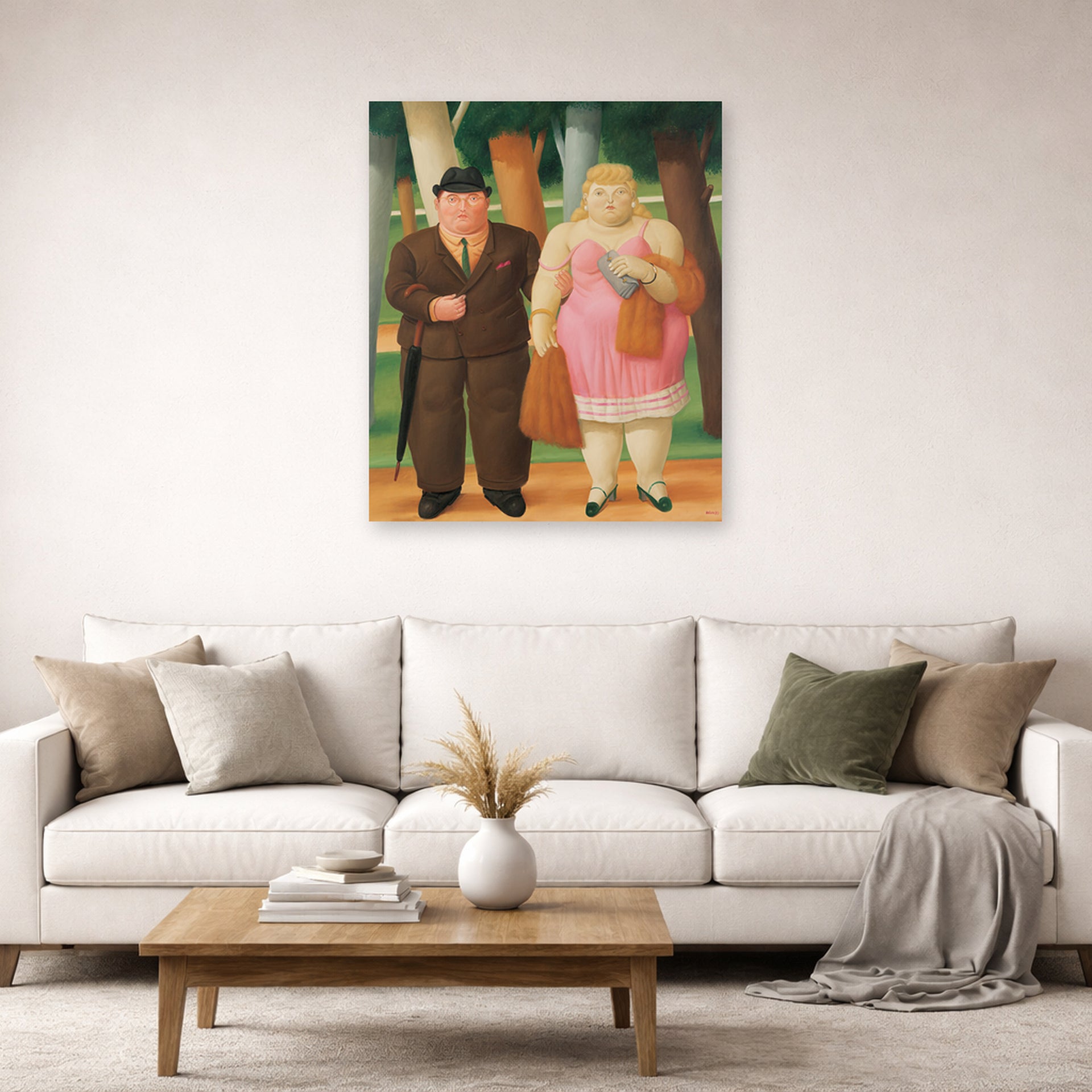 Unframed poster print of Fernando Botero's A Couple displayed on a wall in a living room