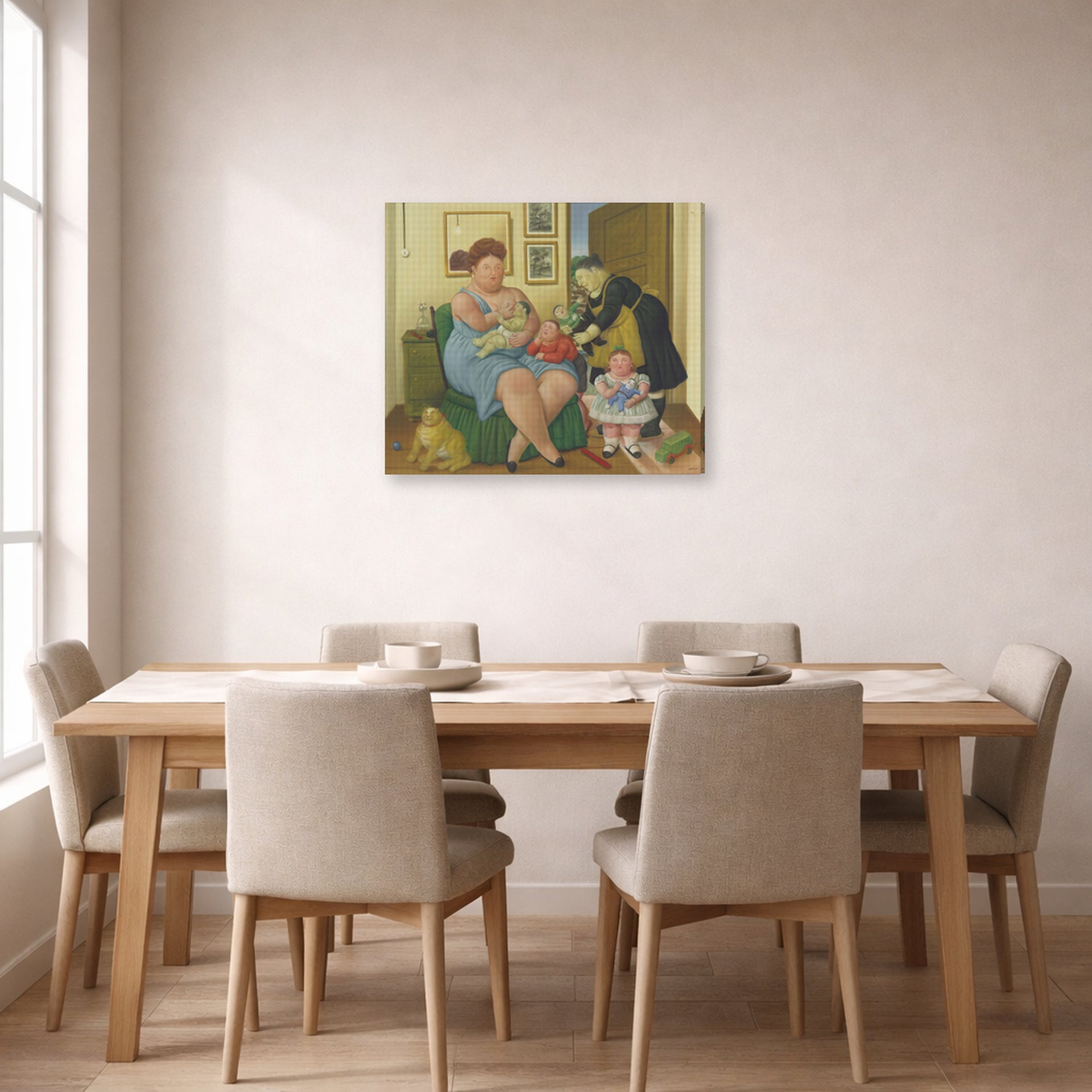 Gallery-wrapped canvas print of Fernando Botero's Family displayed on a wall in a dining room