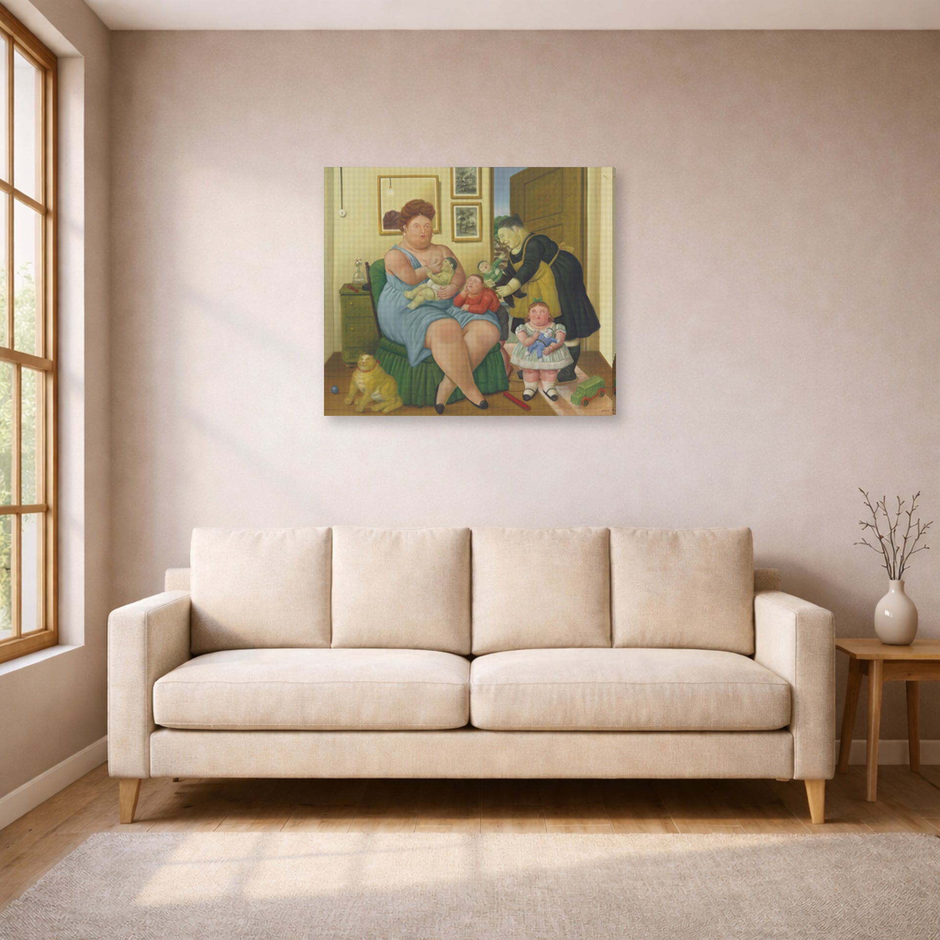 Gallery-wrapped canvas print of Fernando Botero's Family displayed on a wall in a living room